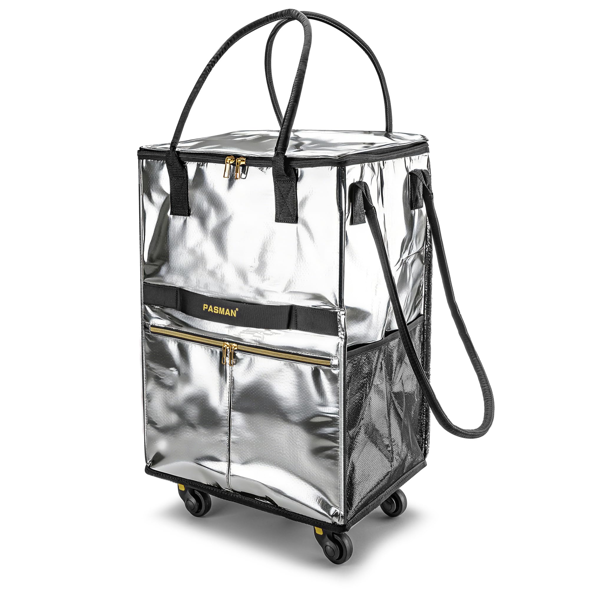 PASMAN Reusable Foldable Rolling Grocery Bag on 5 Wheels,Medium, Silver