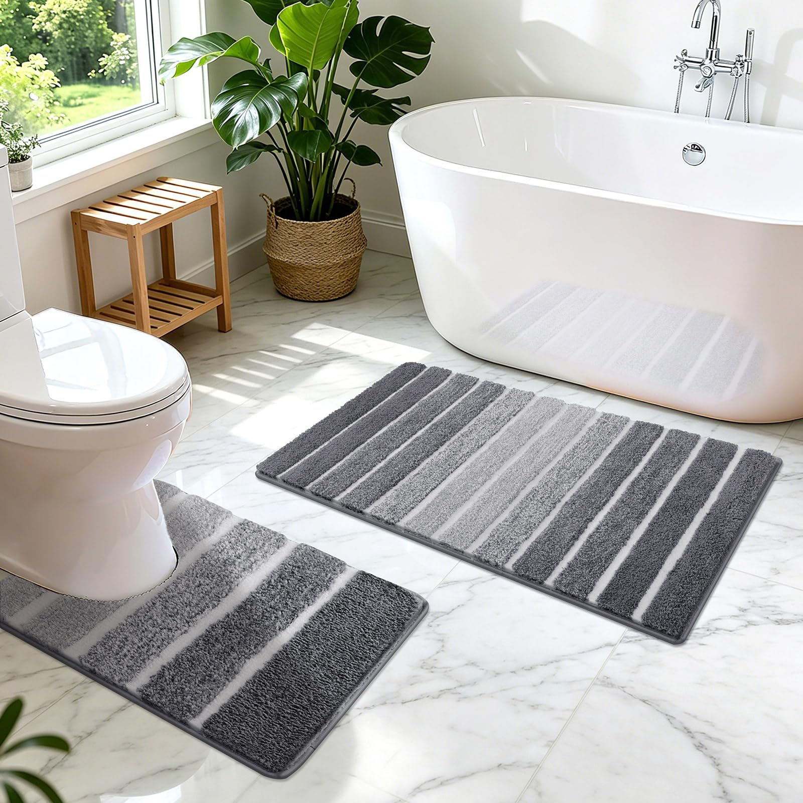 SHACOS Non-Slip 2 Piece Bath Mats Washable Absorbent, 45x65 + 50x60 cm Grey