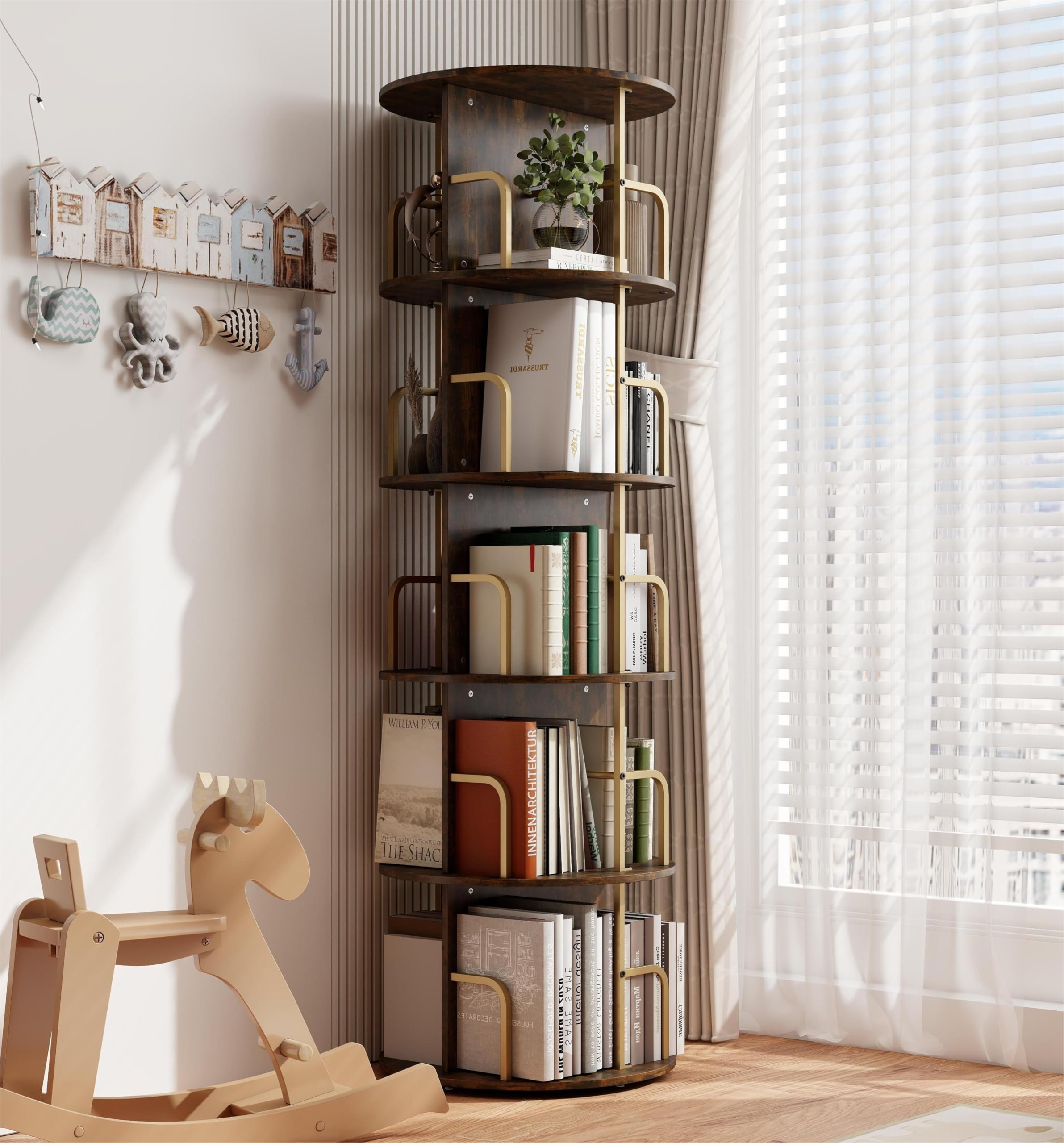 Manora 5-Tier Round Rotating Bookshelf，360°Revolving Bookcase E1-Grade Wood and Gold Metal,Free Standing Kids Spinning Bookshelf for Bedroom Corner, Living Room, Small Spaces,Office,Rustic Brown
