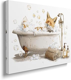 Fox Bathroom Canvas Wall Art Funny Animal Fox in Bathtub Pictures Painting Modern Artwork For Toilet Laundry Washroom Restroom Framed Wall Decor 12"x16"