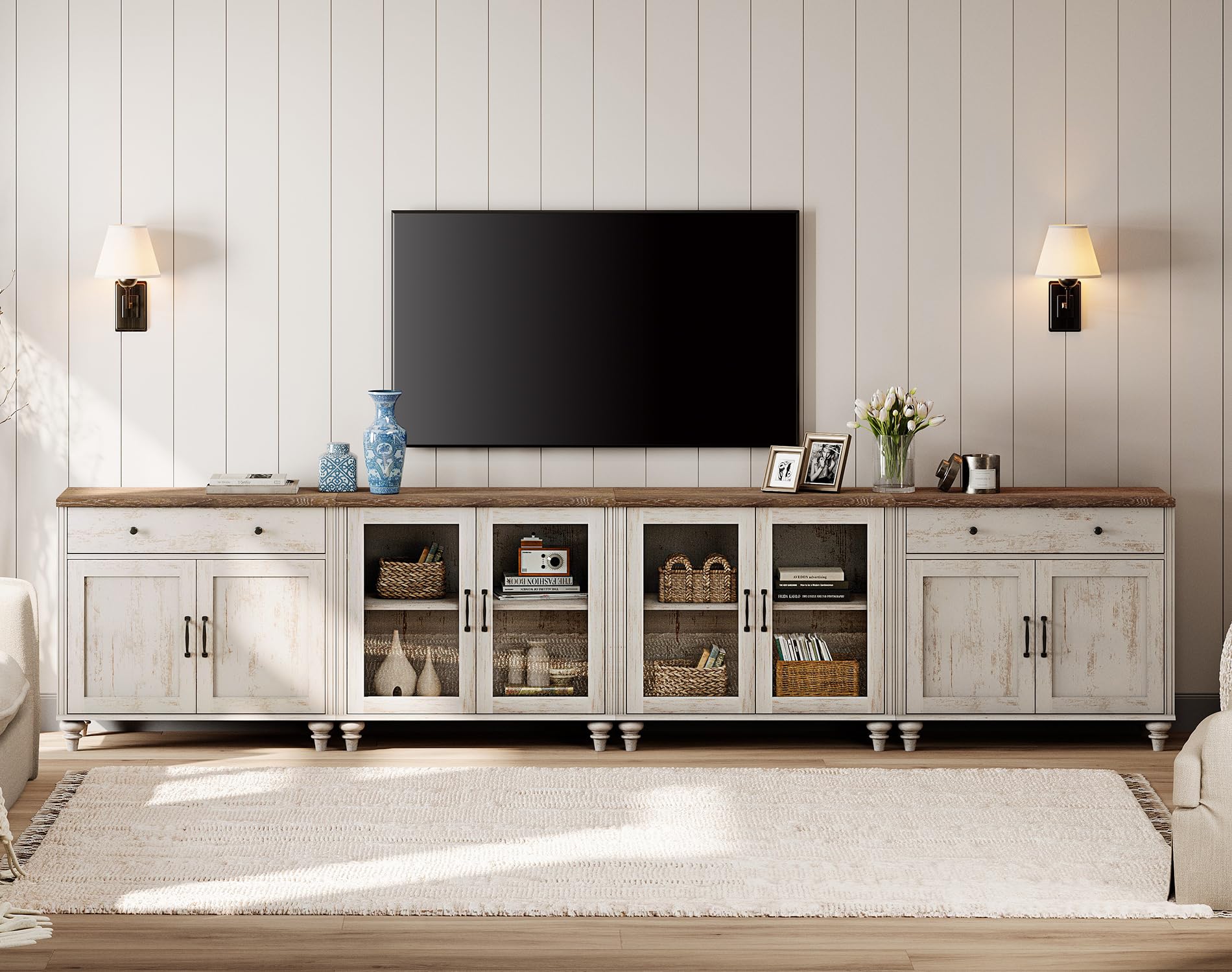 WAMPAT Farmhouse TV Stand for 100 Inch TV, 4-in-1 TV Console Table for 75/80/85/90 Inch TV, Entertainment Center with Glass & Wood Door, Kitchen