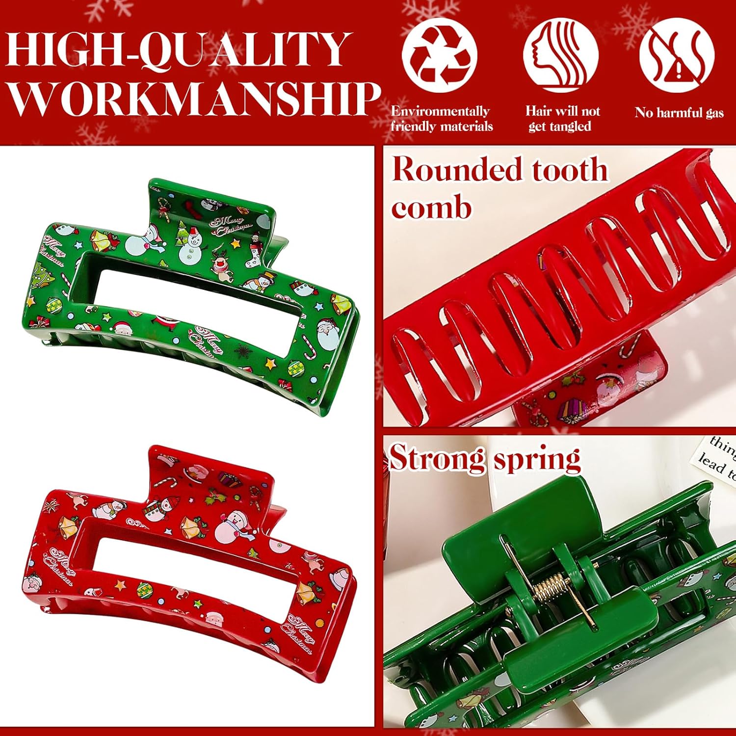 2 Pcs Christmas Hair Clips for Women, Red Green Hair Claw Clips, Large Square Hair Claw, Christmas Hair Accessories, Cute Snowman Claw Clips for Thick and Thin Hair Decoration - Image 3