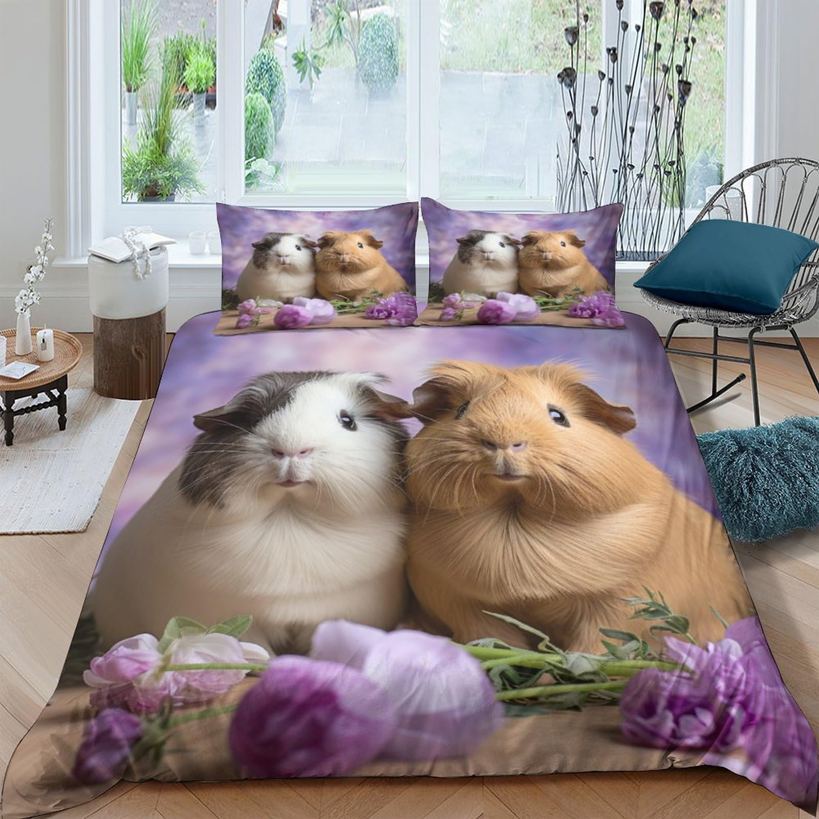 cenmoo Guinea Pig Duvet Cover Set 3D Printed Boho Bedding Animal Quilt Cover Set 3 Pieces Soft Microfiber with Zipper Closure for Single Duvet SetKing（220x240cm）