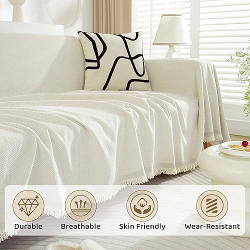 Miniatura 4 de ROOMLIFE Funda de sofá bohemia beige con borlas, funda de sofá simple para perros, funda de felpilla en forma de L, 71 x 118 pulgadas