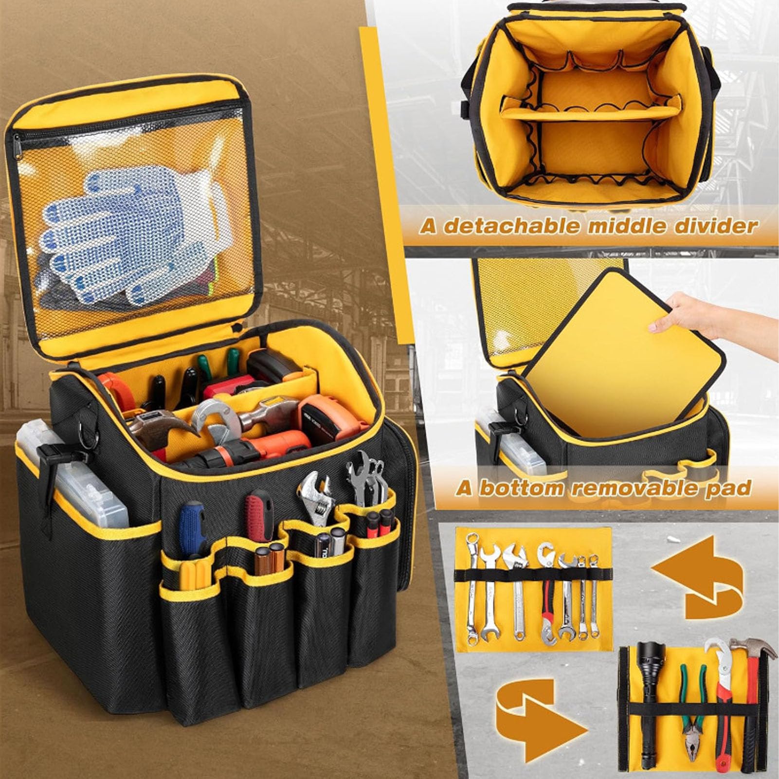 Sac à Outils de 20 L avec Base de Pieds en Caoutchouc Antidérapant, Séparateur Central Amovible, 8 Poches Avant et Fentes élastiques Latérales pour Perceuse, Embouts (12 pouces)