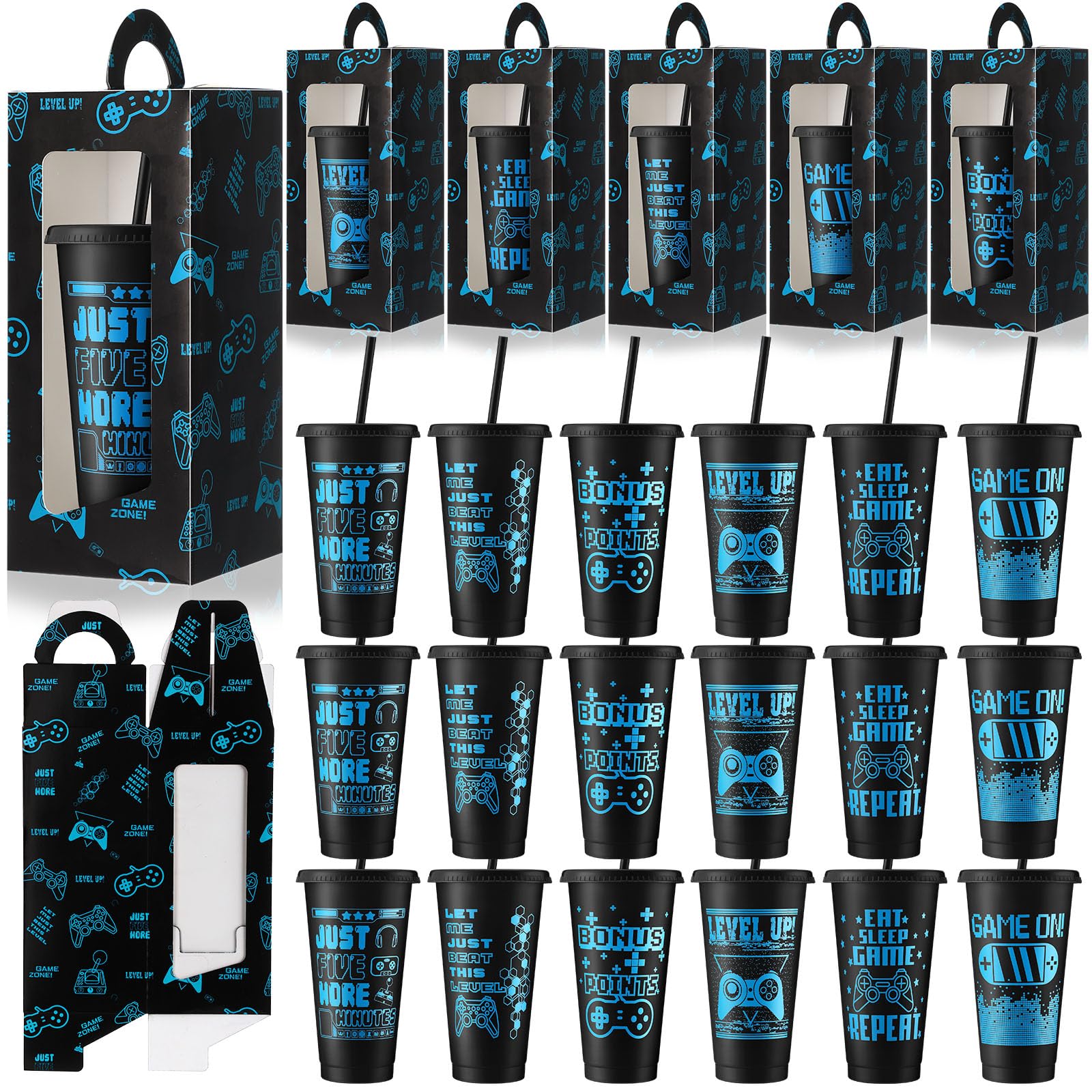 Mifoci 24 Sets Video Game Party Favors 24 oz Gamer Cup with Lids and Straws Gaming Paper Gift Boxes Plastic Reusable Gamer Tumbler for Game Birthday