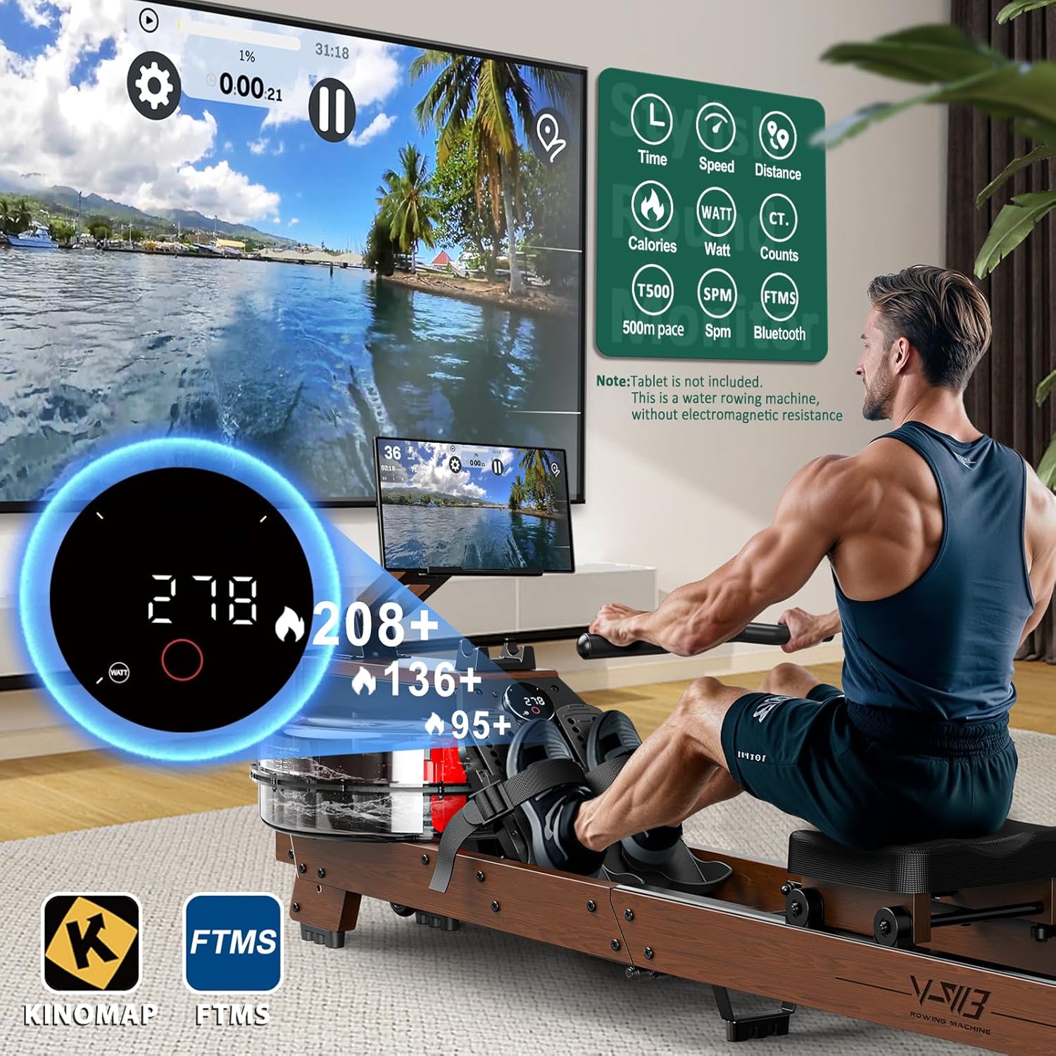 Man rowing on VOWVIT V-W3, with a digital monitor displaying workout metrics and a tablet showing a virtual rowing scene.