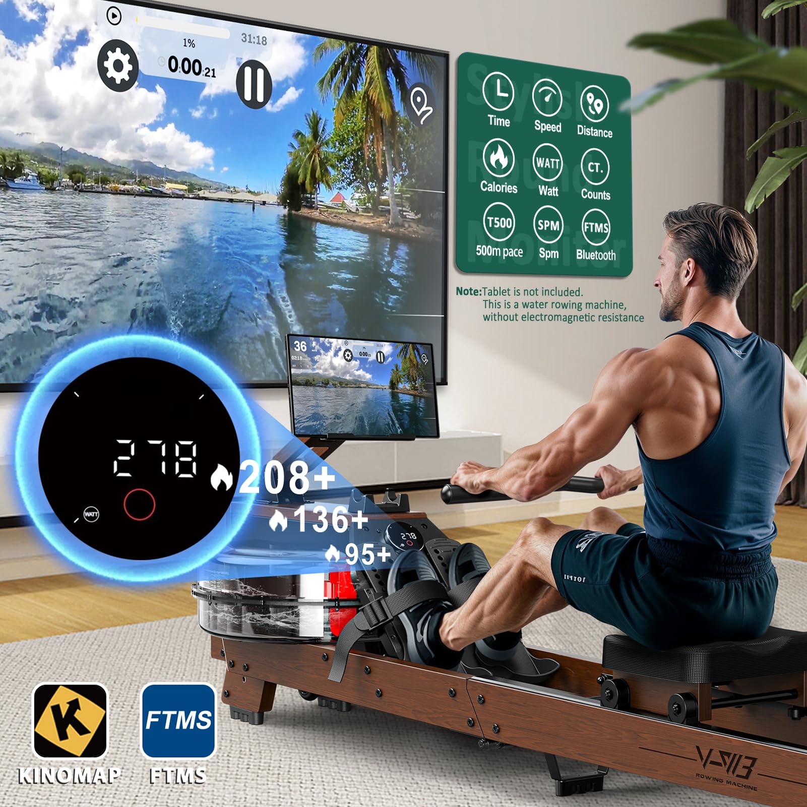 V-W3 Rameur Pliable Appartement - Construction en Bois de Haute Qualité, Rameur à Eau Bluetooth, Facilement Pliable, Taille d'Utilisateur Adaptée de 1,2m~2m, Max.175 kg, Garantie de 2 Ans
