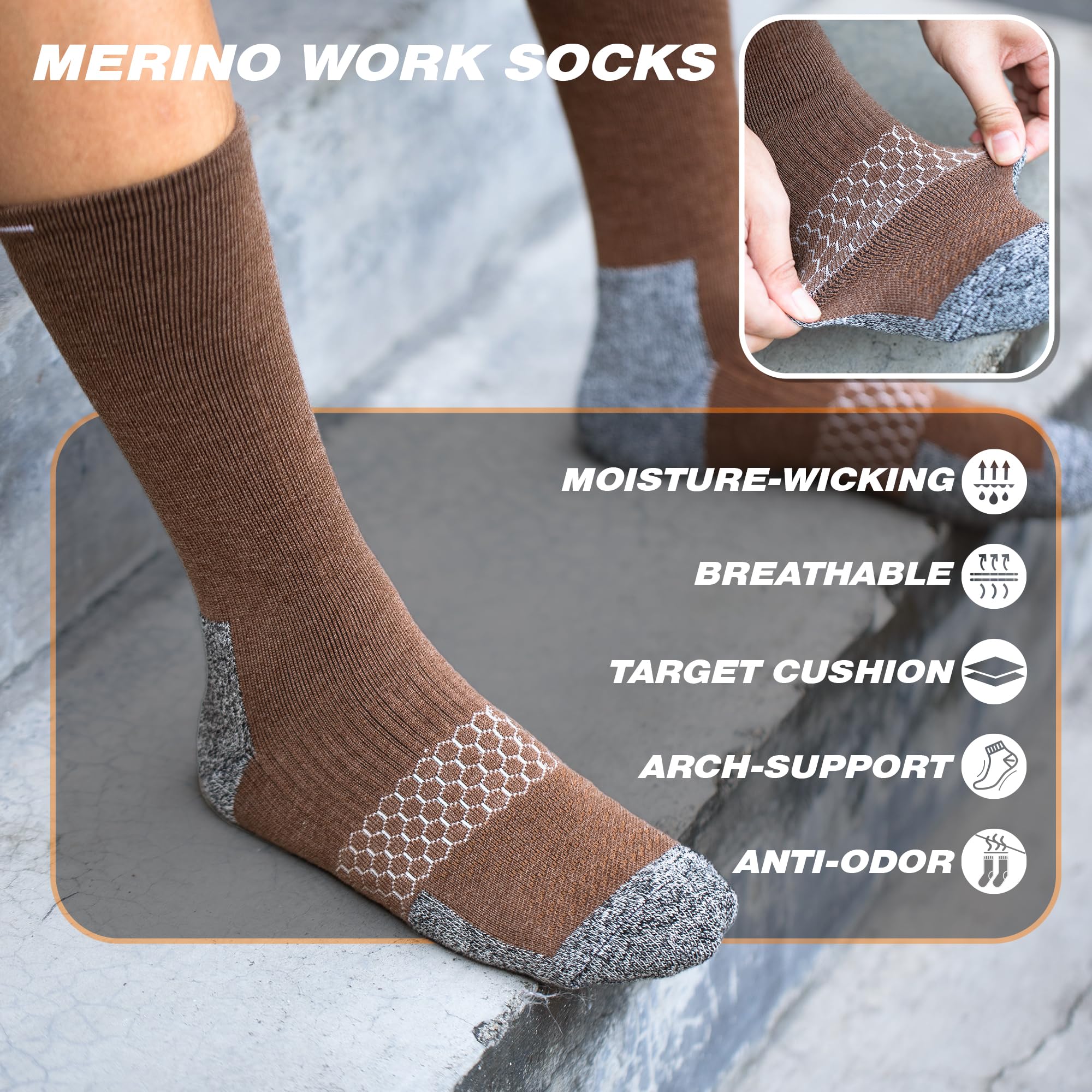 Rahhint 3 paia di calzini da lavoro in lana merino, resistenti, a compressione, anti-umidità, anti-vesciche, per escursionismo e corsa