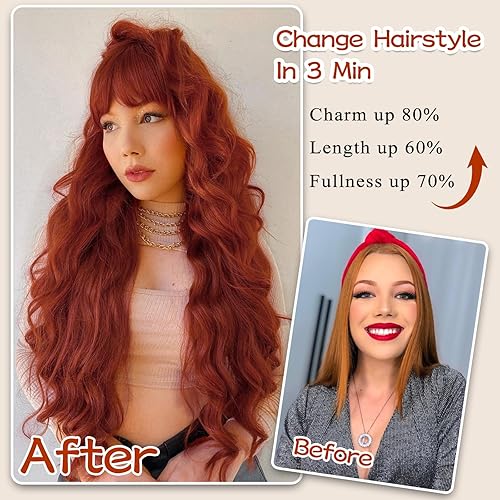 Miniatura 10 de NAYOO Pelucas largas y onduladas para mujer, de 26 pulgadas, con raya en medio, peluca sintética resistente al calor, pelucas para mujeres, para uso