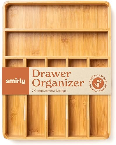 SMIRLY Organizador de cajones de cubiertos de bambú, organizador de cajones de cocina expandible, organizador de utensilios de cocina para cajones