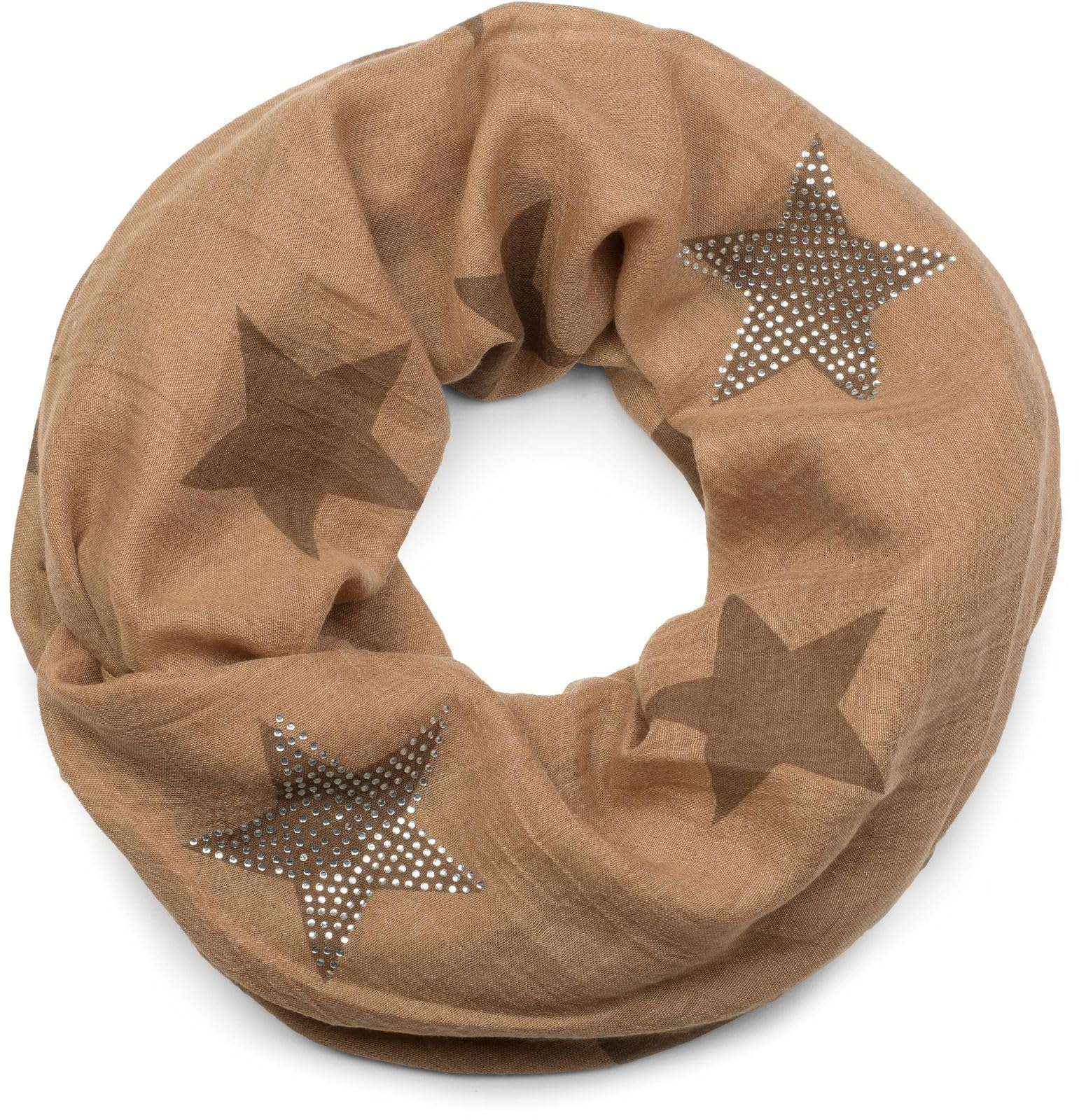 Stylebreaker Women's Light Brown-Brown Loop Scarf With Star Pattern And Noble Rhinestone Application, Tube Scarf, Cloth, 01018086, Colour: