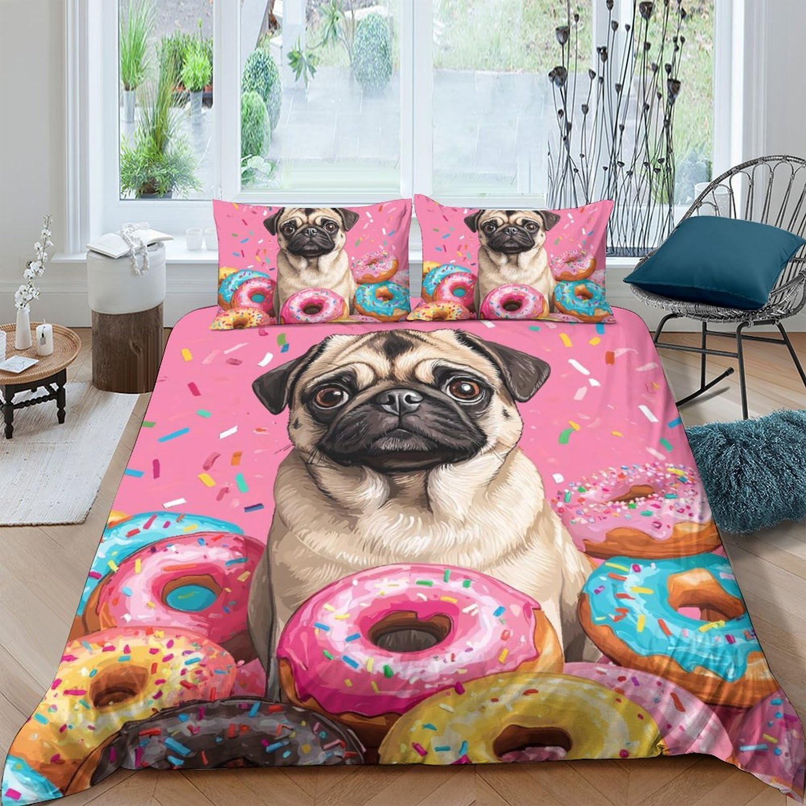 Ctjqhvkz Style-3 3D Printed Pug Dog Fitted Sheet Microfiber Colourful Donut Bed Cover Anti-Slip Washable For Bedroom Guestroom Single（135X200cm）
