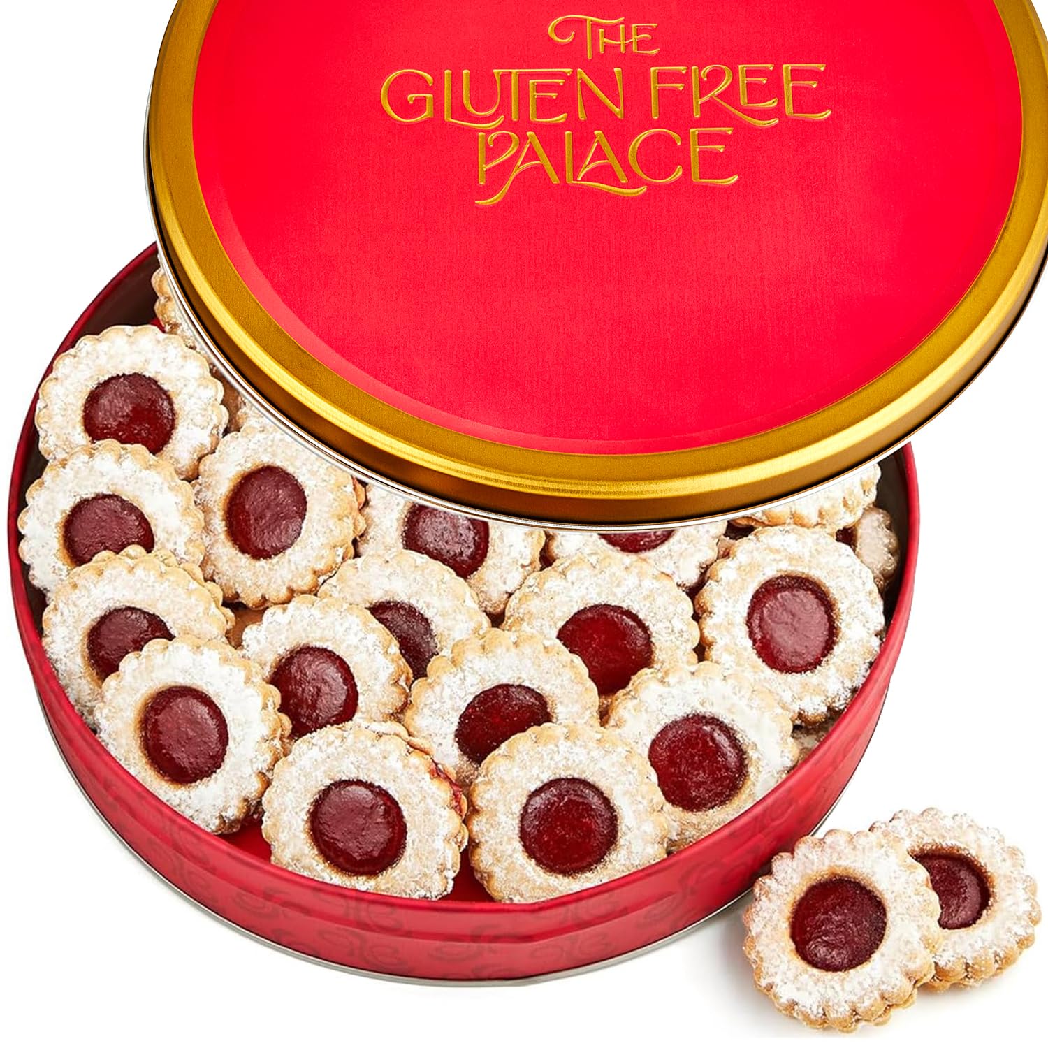 Gluten Free Palace Cookie Gift Basket – Gourmet Gluten Free Purim Cookie Gifts – Fresh Shortbread Linzer Tart Cookies in Red Tin Gift for Her, Him, Friends & Family (21 Cookies)