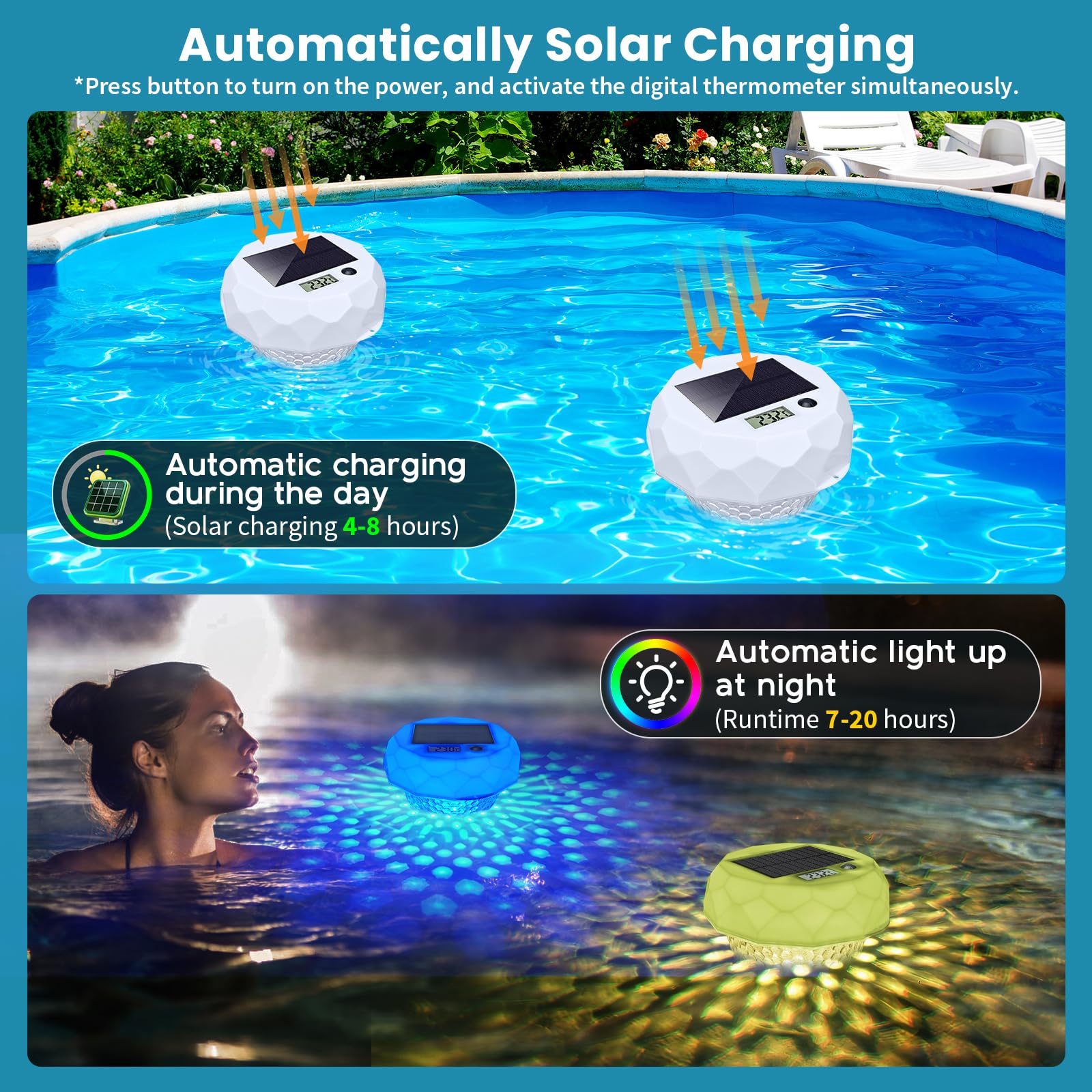 Lumière Piscine Solaire avec Diffuseur Chlore, Thermomètre, Lampe Flottante piscine avec Télécommande, 8 Couleur, Minuterie, IP68 Étanche éclairage pour piscine, Baignoire, Spa, Étang Jardin Déco - 4