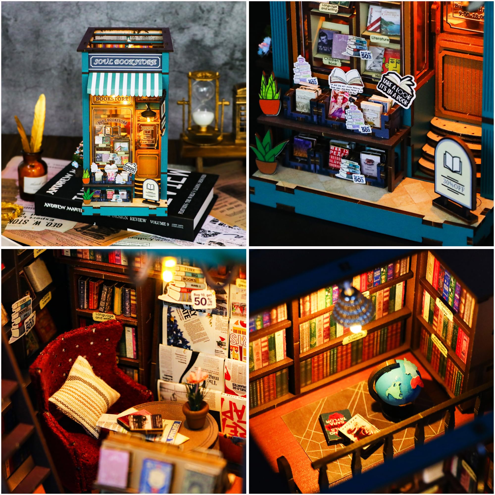 Kit Book Nook De Noël – Maison Miniature En Bois Avec LED Et Musique, Magasin Enchanté