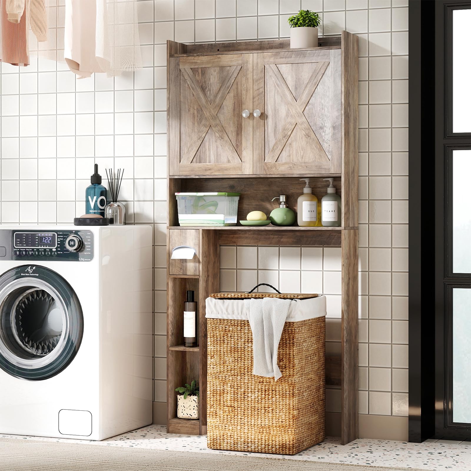 COSTWAY Meuble Toilette Étagère WC, Double Porte, Étagère Réglable, Porte-Papier Toilette, Meuble WC Rangement Gain de Place, 81,5 x 19,5 x 172,5, pour Salle de Bain, Buanderie (Gris Vieilli)
