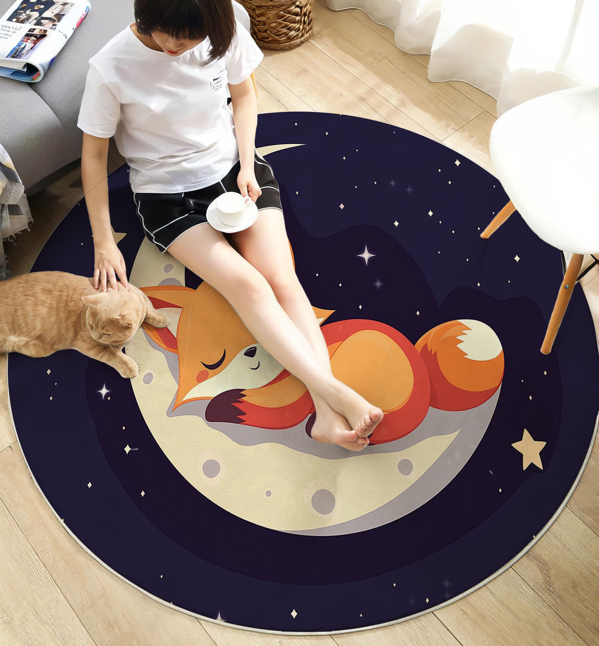 Tapis Rond pour Enfant - Animaux de Dessin animé - Lune du Renard - pour Chambre d'enfant Salle de Jeux Chambre d'adolescent Salon - Couleur Orange
