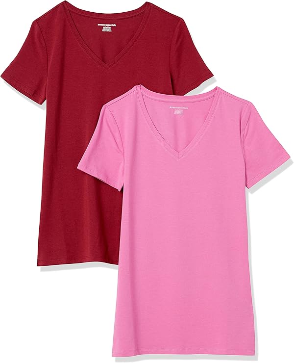 Amazon Essentials Damen Kurzärmliges Regular-Fit-T-Shirt (Varianten mit Rundhalsausschnitt und V-Ausschnitt), Multi-Packs
