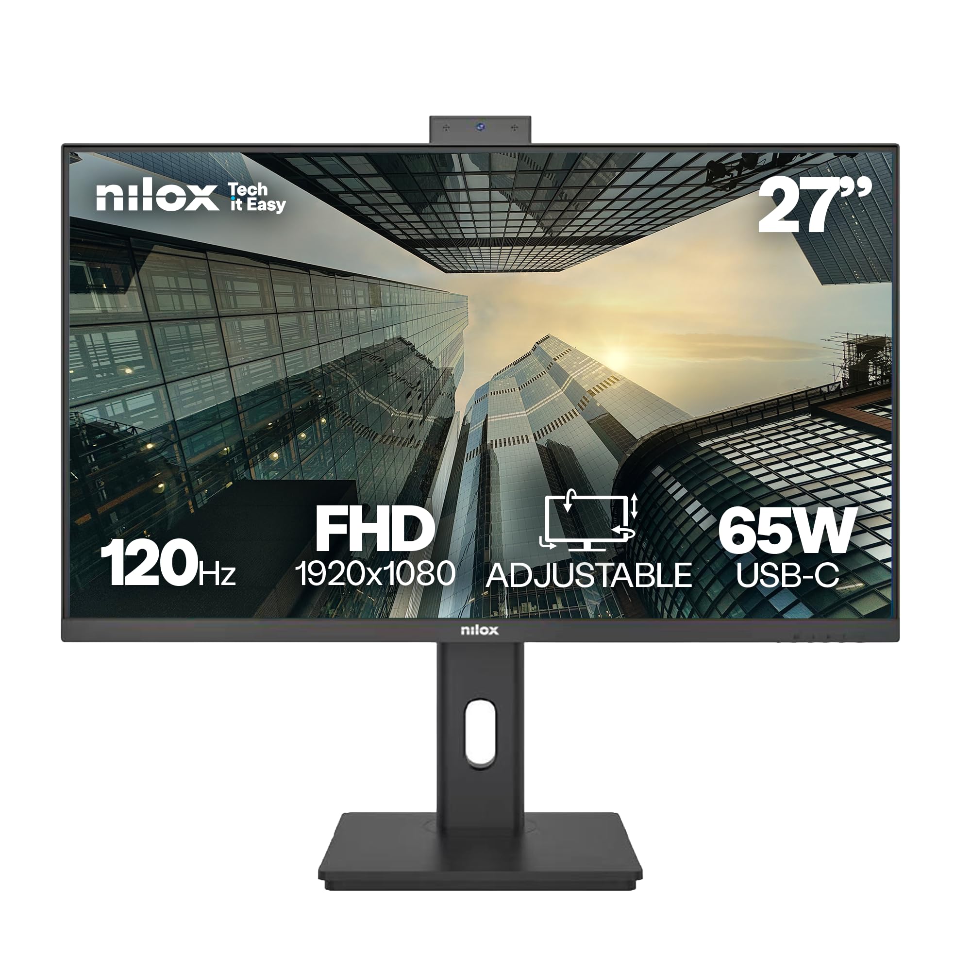 Nilox NXM27RWEB0265 Monitor Business 27'' IPS Full HD, Frecuencia 120 Hz, Cámara Web integrada y USB-C 65 W, Ajustable y ergonómico