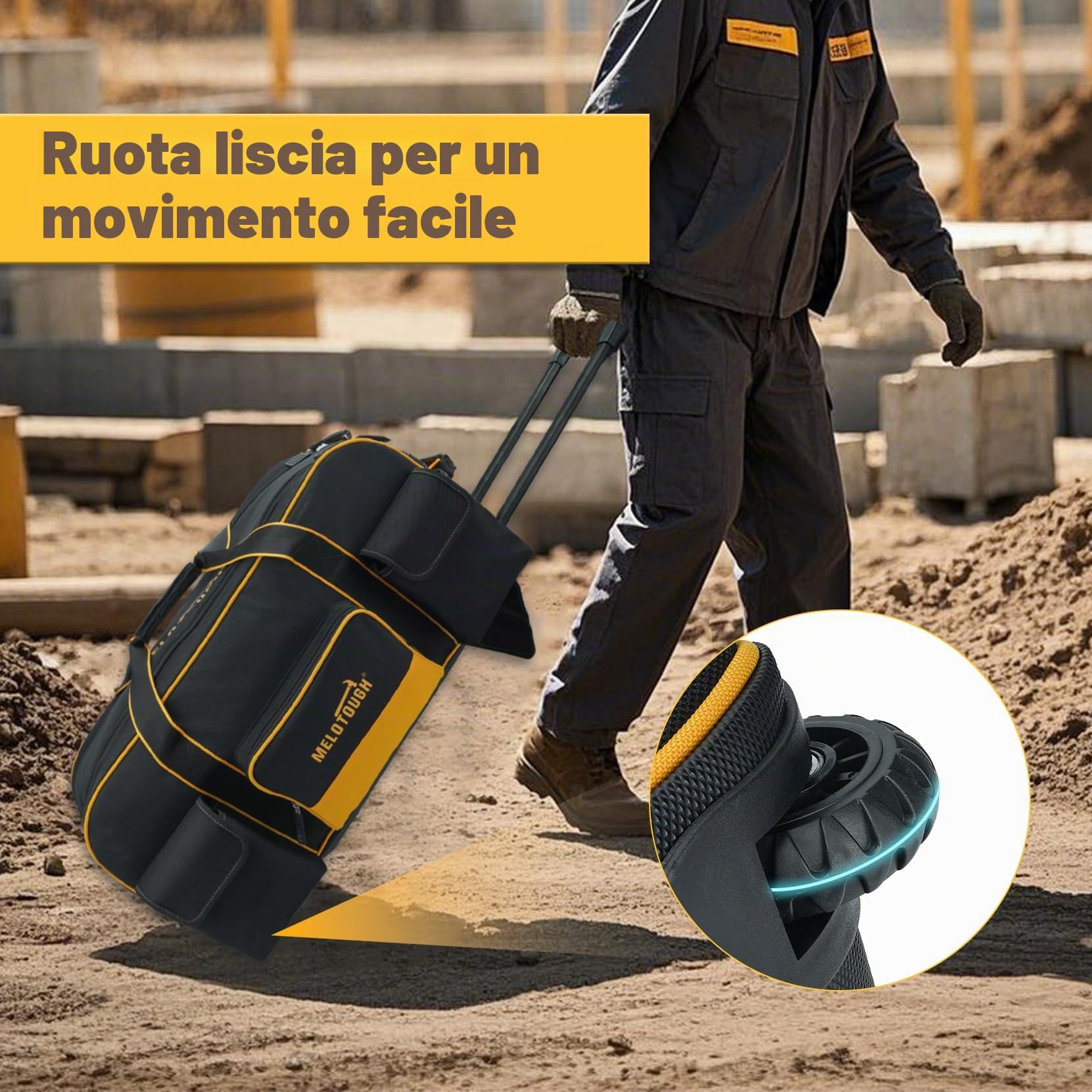MELOTOUGH Borsa portautensili con ruote, grande capacità, organizer con manico telescopico nascosto, per elettricisti, costruzioni, HVAC, tecnici (giallo/nero)