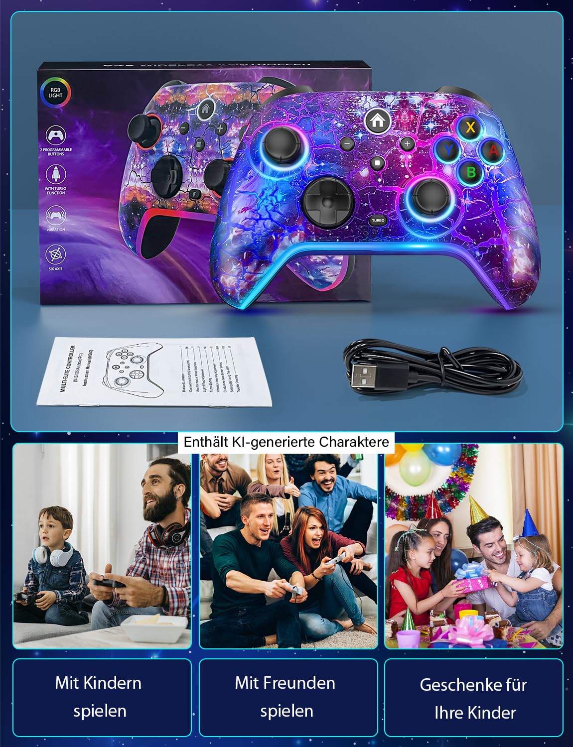 Switch Pro Controller für Nitendo Switch/Oled/Lite/Switch 2 - 1200 mAh Wiederaufladbar Wireless Switch Controllers mit 9 RGB Licht, Programmierbar, Wake Up Funktion, Turbo, Vibration - Sternenhimmel