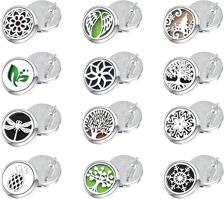 12pcs Ucubwfu Round Aromatherapy Box Brooch, Alloy Stainless Steel Aromatherapy Box, Creative and Unique Brooch, Tree of Life Angel Wings Pin