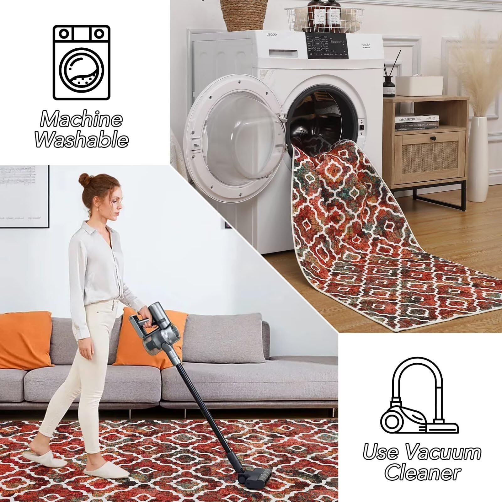 Moroccan Washable Rugs 9x12 Large Rug Boho Living Room Rug Modern Geometric Rugs Colorful Soft Non Slip Rug Non Shedding Low Pile Printed Floor Carpet for Dining Table Home Office