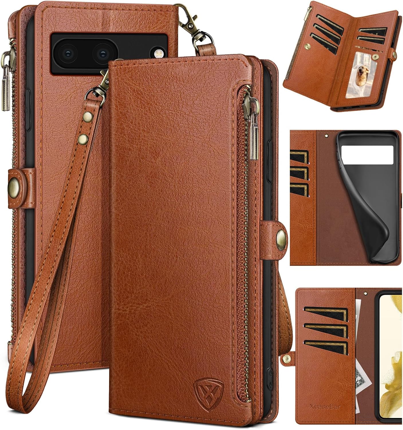 XcaseBar for Google Pixel 7 Wallet case with Zipper Credit Card Holderr 【RFID Blocking】, Flip Folio Book PU Leather Phone case Shockproof Cover Women Men for Pixel 7 case Light Brown