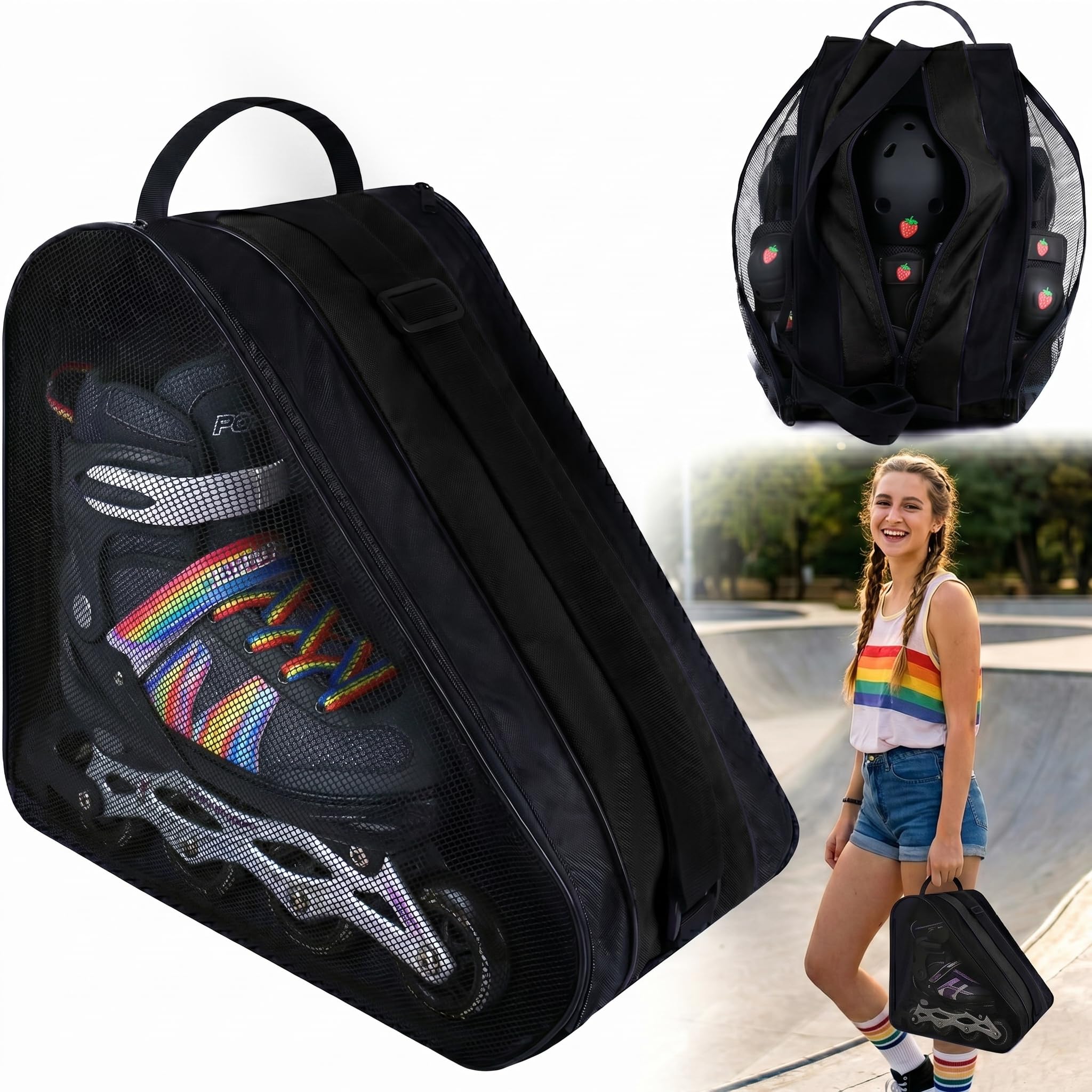 LYKIN Ice Skate Bag & Roller Skate Bag, Heavy Duty Oxford Cloth Carry Bag with Adjustable Shoulder Strap Tote, Multi-Pocket Accessories Storage for Adult Kids Womens Mens (Black)