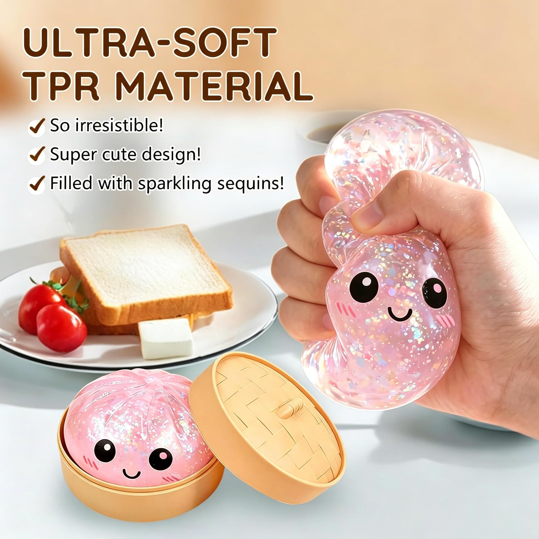 2026 New Pink Glitter Dumpling Squishy, Slow Rising Stress Relief Fidget for Adults, Soft Sensory Squeeze for Anxiety Relief, Office Desk Decor and Stress Buster, Party Favor Gift — view 4