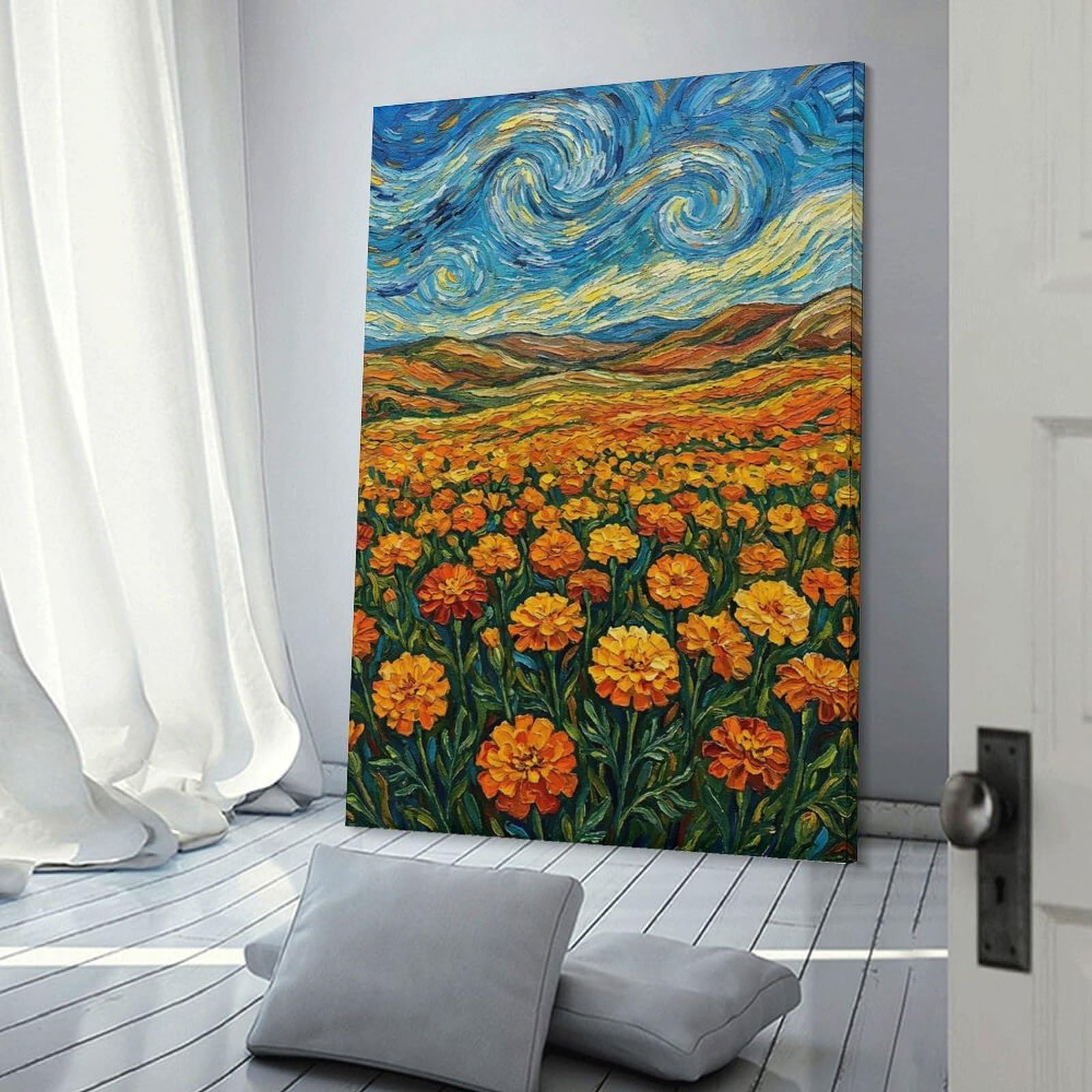 Marigold Field Impressionist Painting Decorative Wall Artwork 12x18inch(30x45cm), for Home Lounge, Bedroom Or Reading Nook, Easy Decor for Gallery Walls