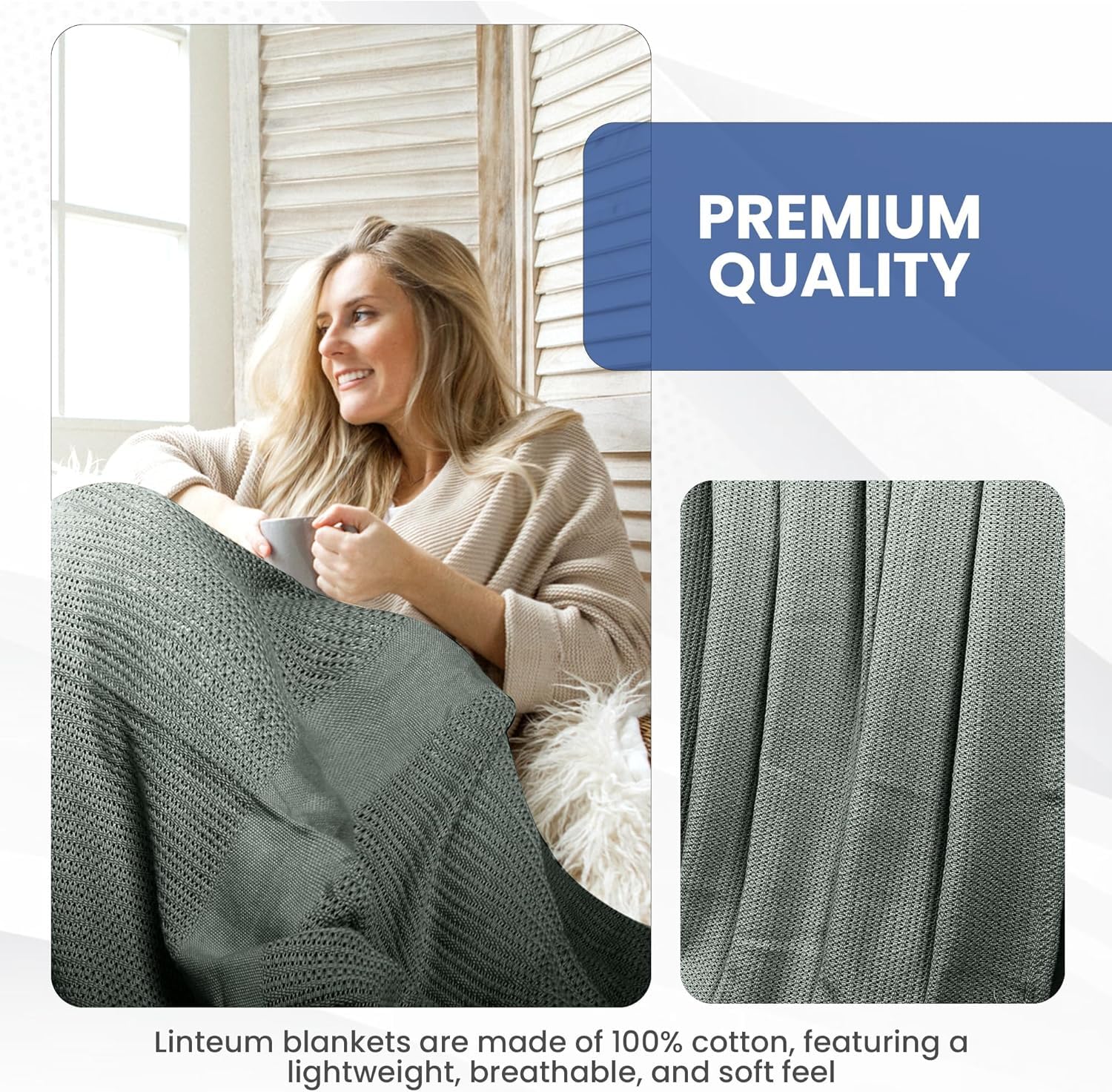 بطانية مريحة وناعمة ودافئة ومتينة وفاخرة ومنفوشة للغاية بتصميم نسيج لينو مصنوعة من القطن بنسبة 100% للسرير والاريكة في كافة المواسم لينتيوم تيكستايل سابلاي مقاس كوين لون رمادي جليدي