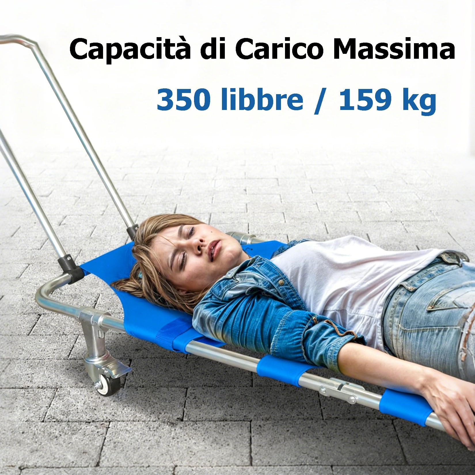 Barella di Salvataggio,Barella Pieghevole Portatile con 4 Ruote e Cintura,Asta Push-pull,Piegabile in 2,per Trasporto Paziente da Viaggio Medico di Emergenza capacità di Peso 350 Libbre
