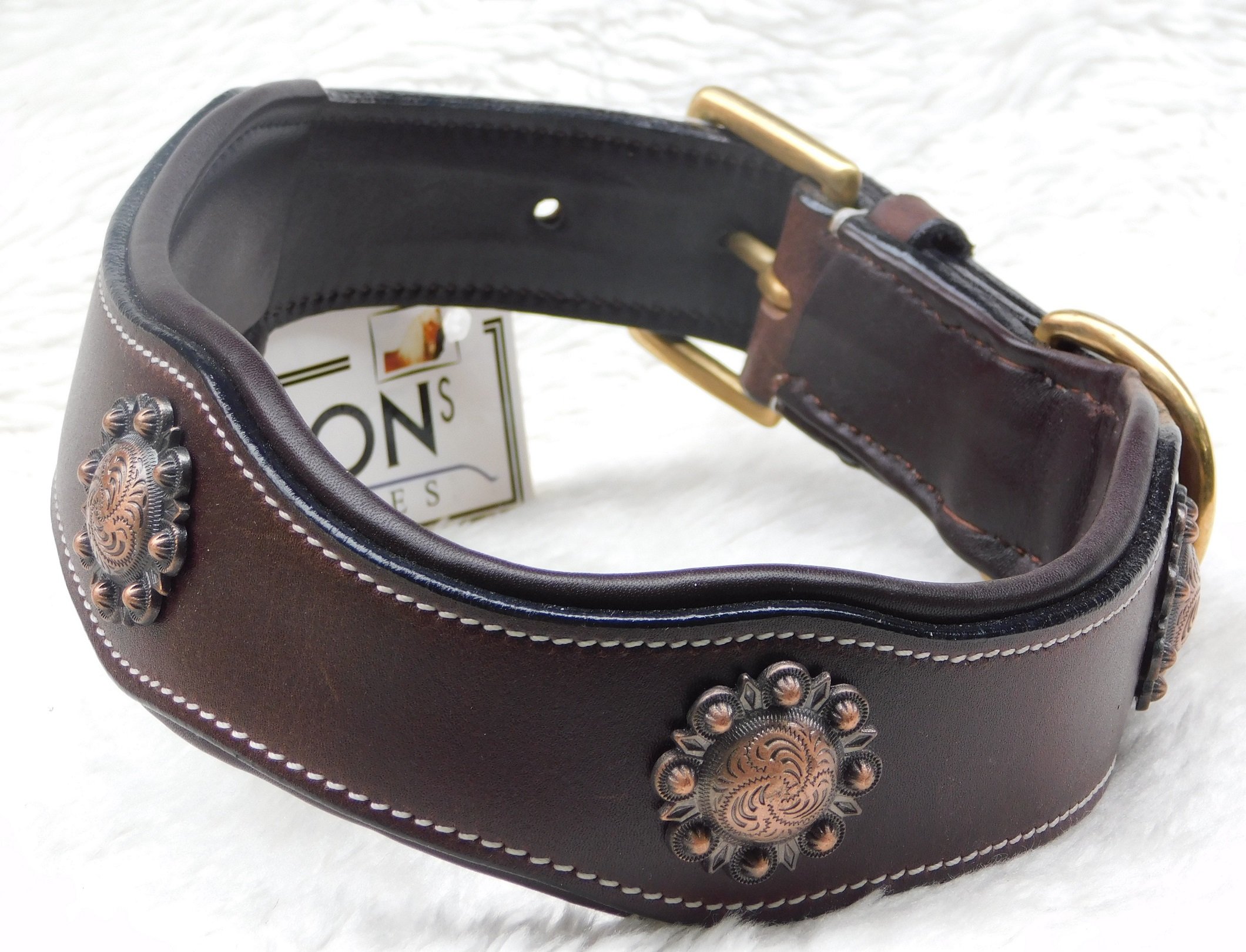 Tysons Breeches Hundehalsband Leder ‚Wave‘ – Schwarz, Wellenförmig Mit Sonnen-Conchos | Größe L/XL, Weich Unterlegt, Fest Vernäht