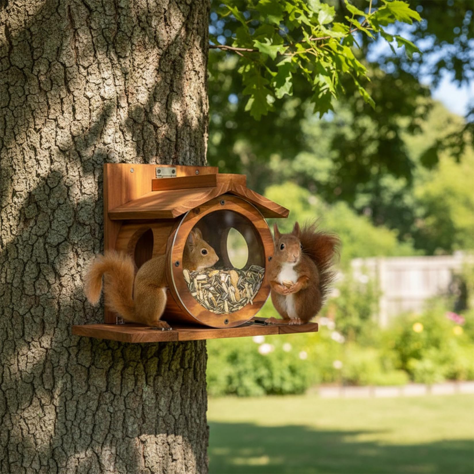 Mangiatoia per scoiattoli da Esterno, Mangiatoia per Scoiattoli in Legno a Parete con Frontale Visibile, Stazione di Alimentazione Facile da Riempire Casetta per Recinzione di Alberi