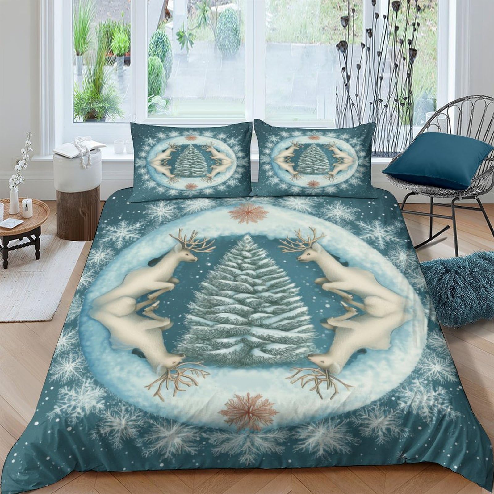 Ctjqhvkz Style-1 3D Printed Reindeer Pine Tree Fitted Sheet Microfiber Soft Blue Christmas Bed Cover For Bedroom Guest Room Decor Single（135X200cm）