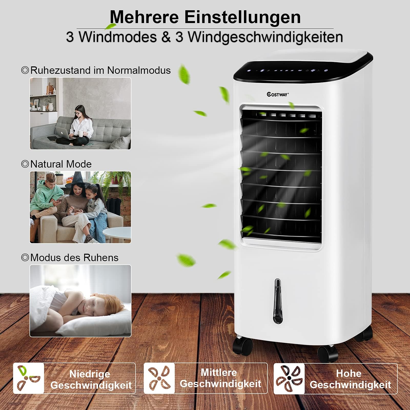 COSTWAY mobile Klimaanlage ohne Abluftschlauch inkl. 2 Kühlakkus | 3 in 1 Klimagerät Luftkühler Luftbefeuchter 75W / 7L Tank / 8H Timer / Fernbedienung / 2 Kühlakkus / 3 Stufen