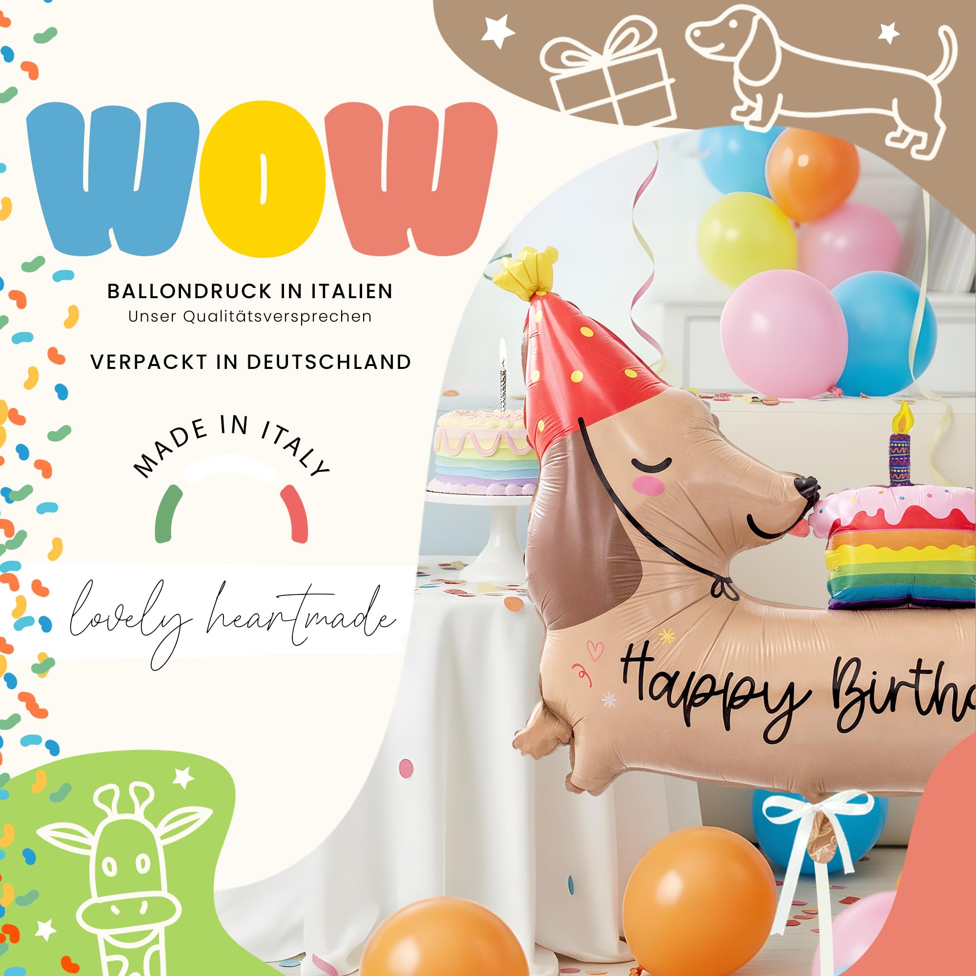 Palloncino XXL per cani bassotto Happy Birthday, palloncino a elio, palloncino a elio, decorazione per feste di compleanno, motivo cane, per ragazzi e ragazze, regalo di compleanno per bambini