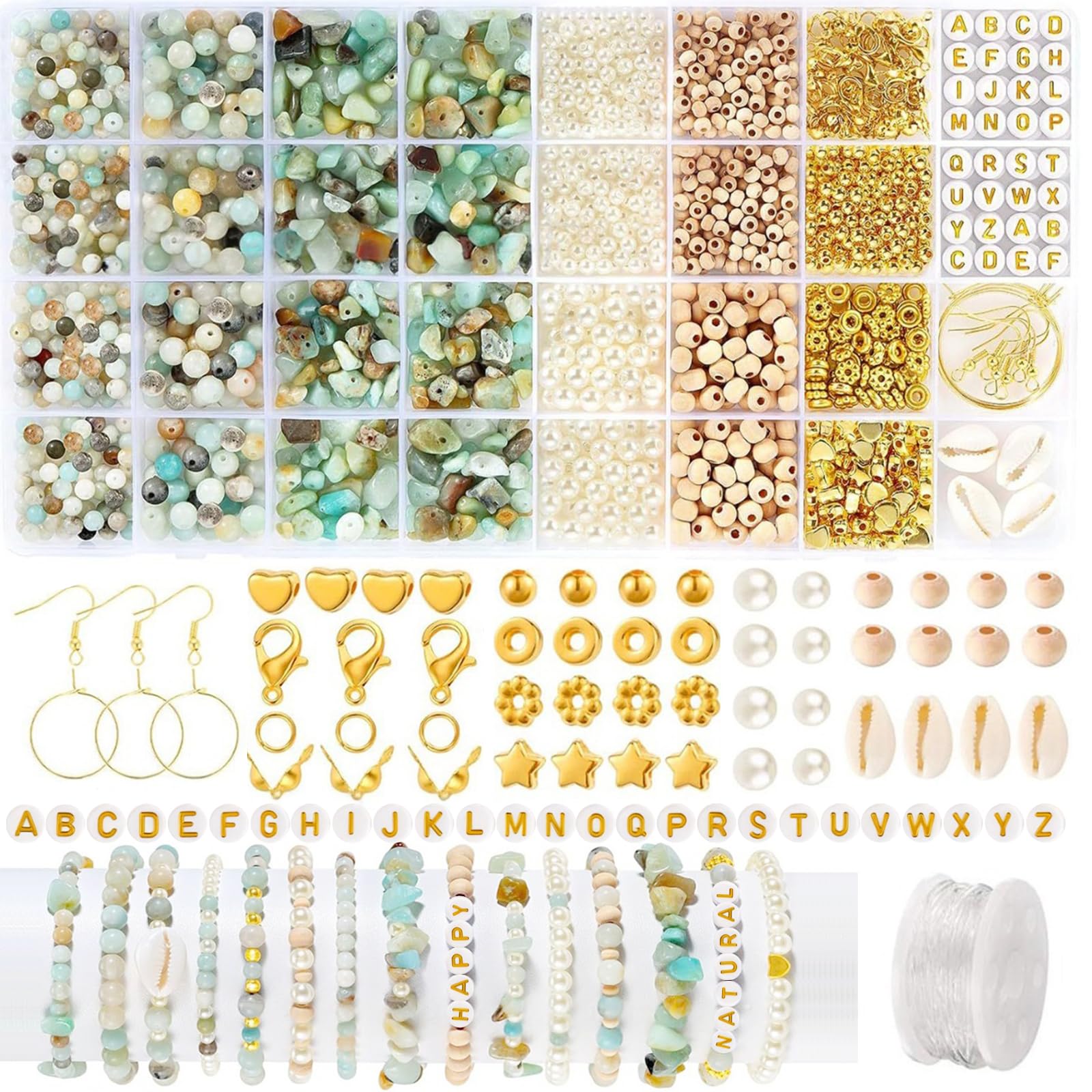 wokdsbl Natural Stone Crystal Beads Bracelet Making Kit for Jewellery Making Supplies with Letter Beads Wooden Beads White Beads Gold Beads for DIY Friendship Bracelets Necklaces and Earrings