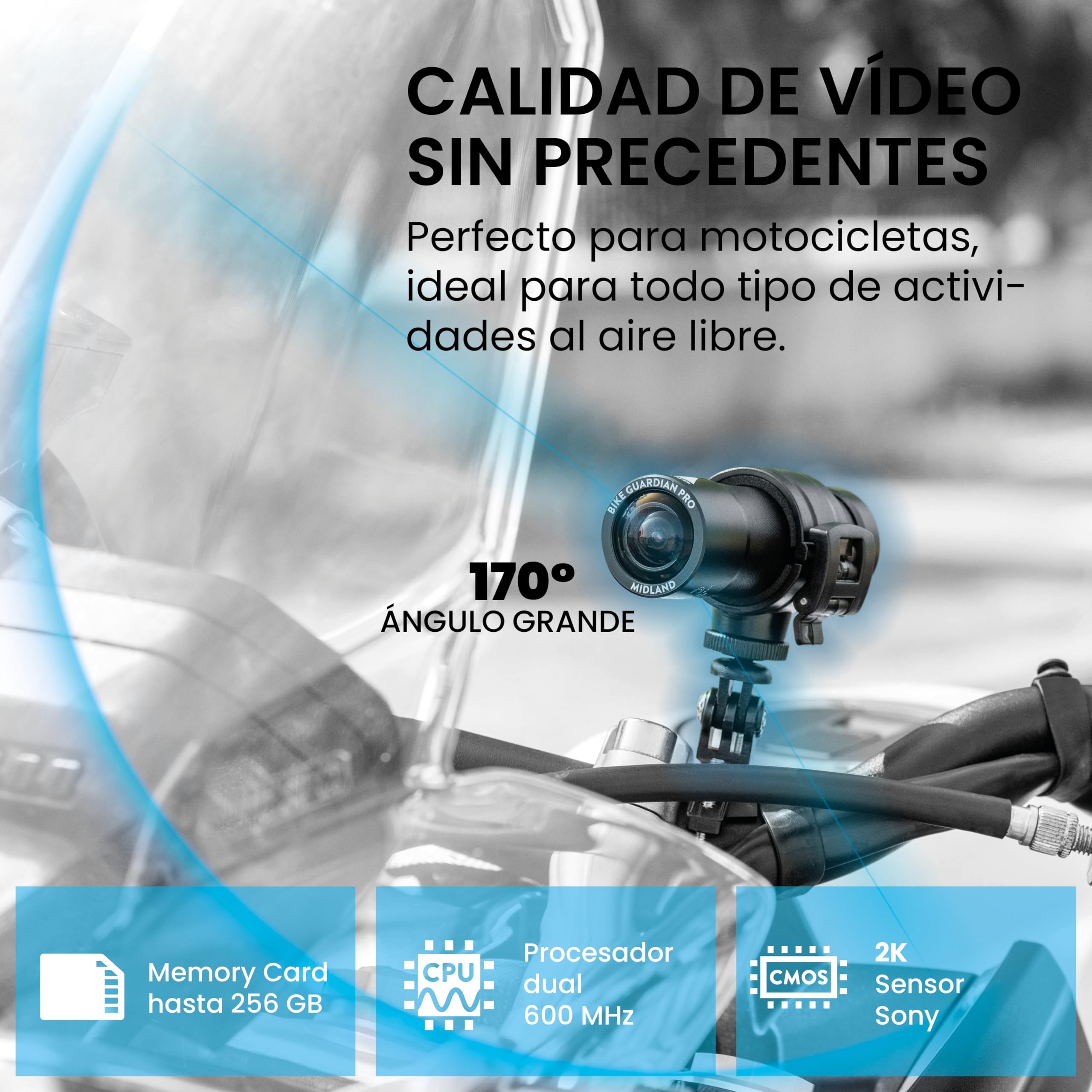 Midland - Bike Guardian PRO, Dashcam y Cámara Acción Moto 2K, Cámara Coche Grabadora y Moto con Sensor Sony, Estabilización Avanzada, Impermeable IP65, Streaming en Vivo, 2H Autonomía, Accesorios Moto