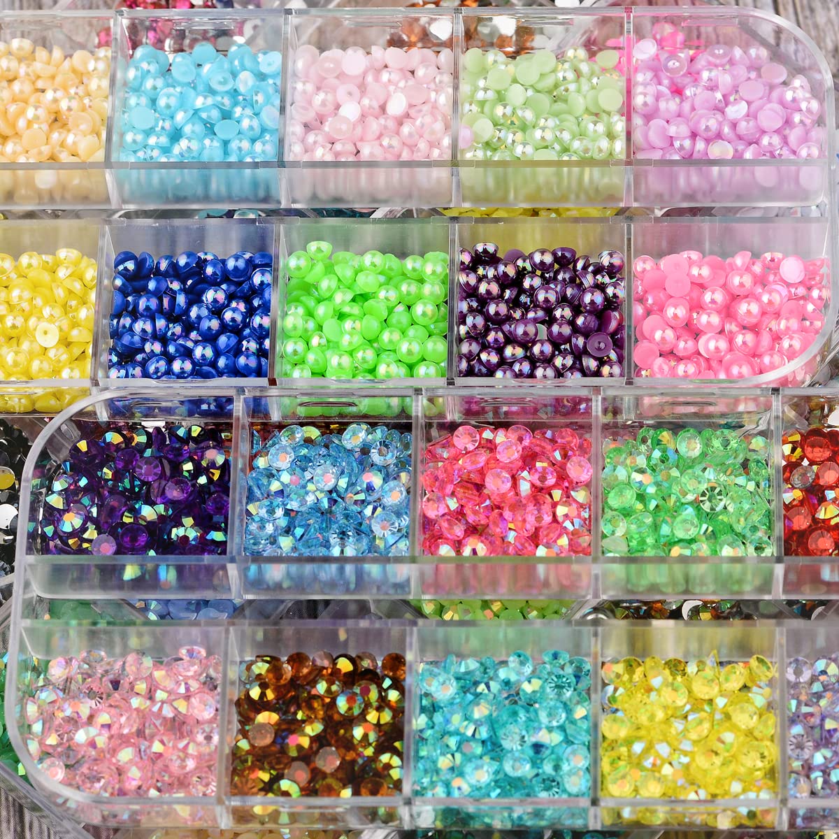 5 cajas de 7200 piezas de diamantes de imitación de cristal brillante, con parte trasera plana, gemas de sirena AB multicolor transparentes con bolígrafo recogedor y pinzas curvadas para salón de 9