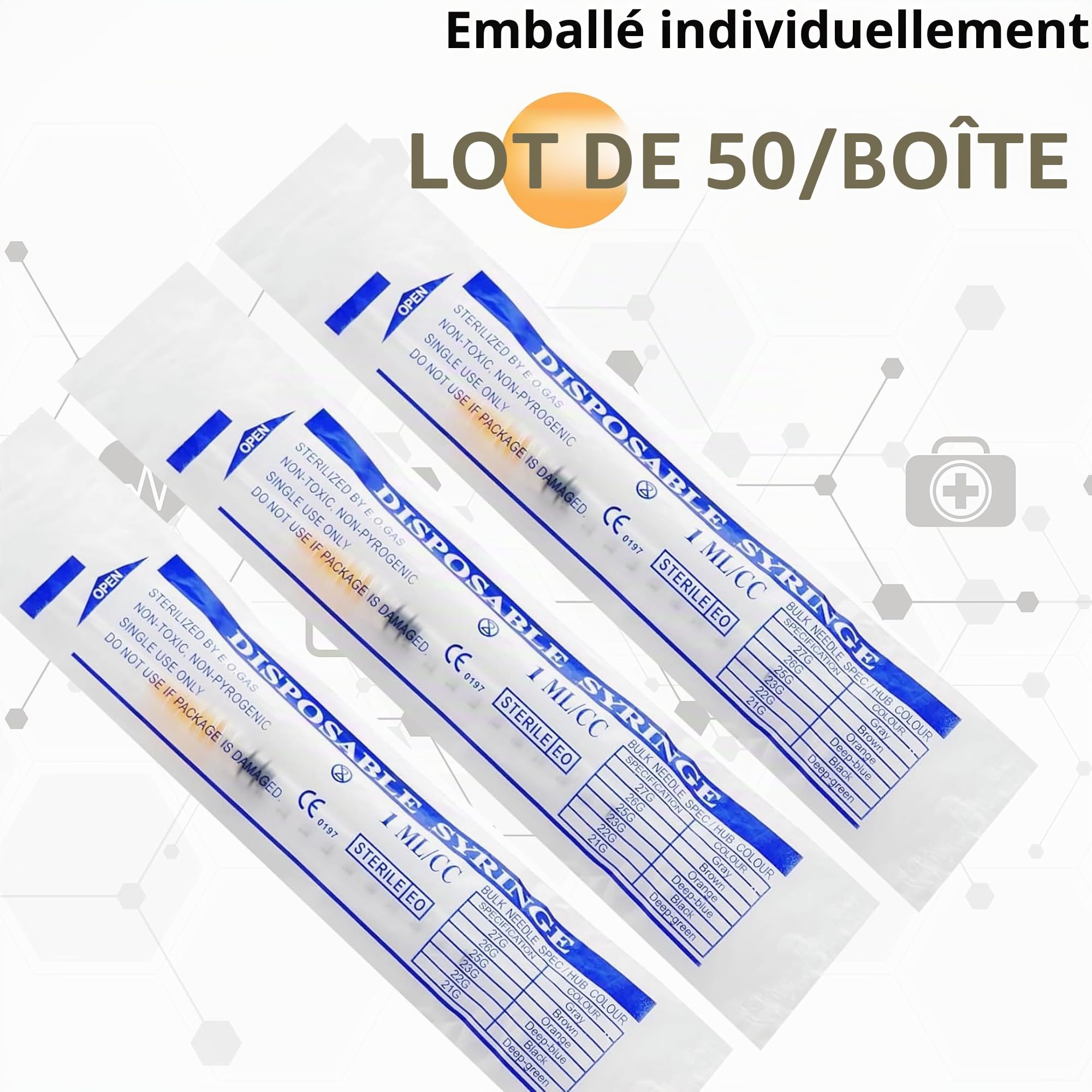 Fournitures de laboratoire jetables de calibre 29, 1 cc, 1 ml, 13 mm, emballées individuellement, lot de 50