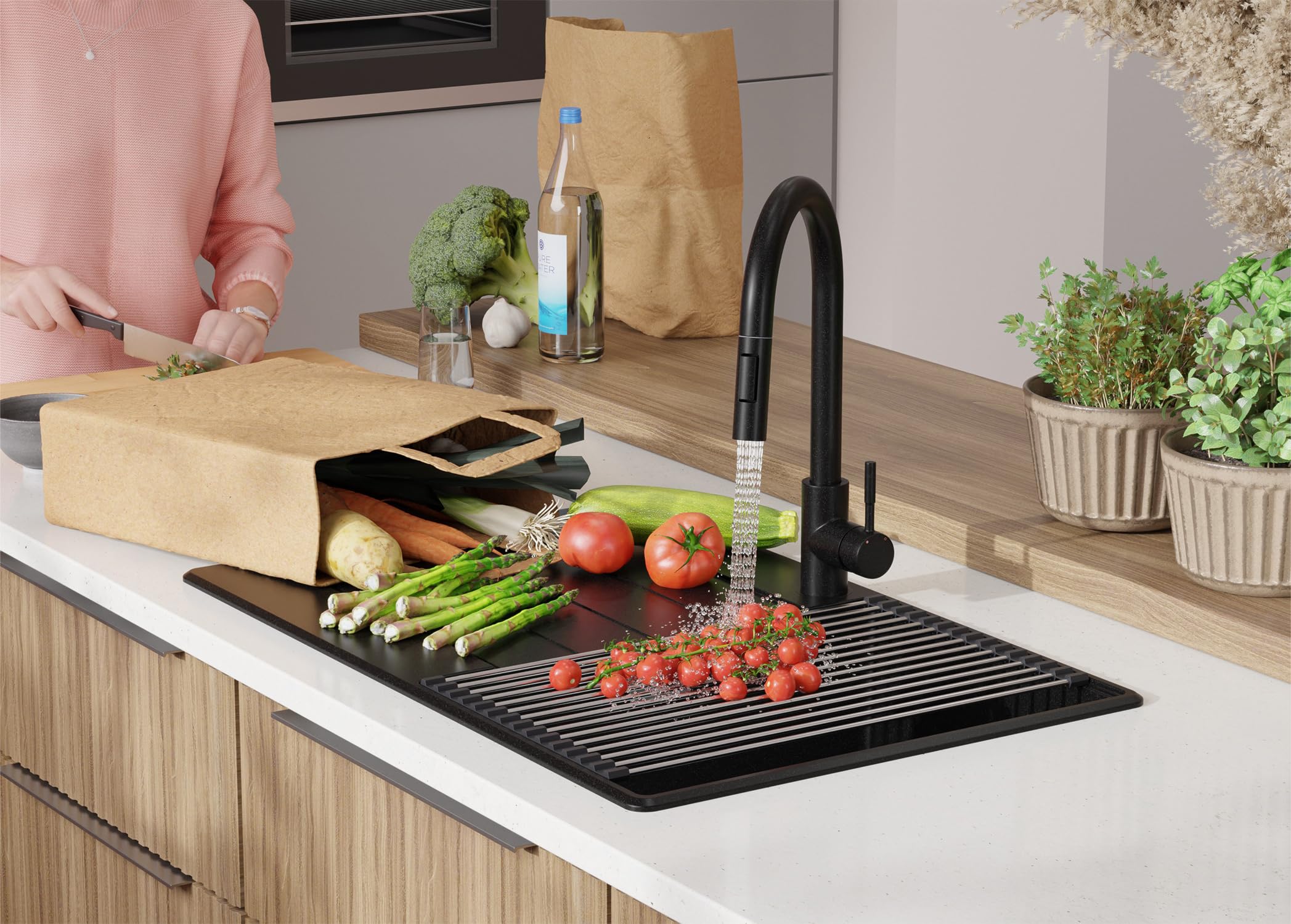 PRIMAGRAN Lavandino da Cucina Tutto Nero 78x50cm, Lavello in Granito a 1 vasca + Rubinetto 40x20cm + Set di accessori, Lavabo da Cucina Incasso al Mobile 45cm - Copenhagen Top S302