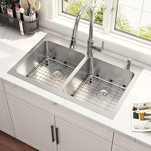 33x22 Drop In Double Bowl Kitchen Sink 16 Gauge Stainless Steel Top Mount Commercial Grade Satin Finish Sinks with Strainer & Grid 33" x 22" x 9"