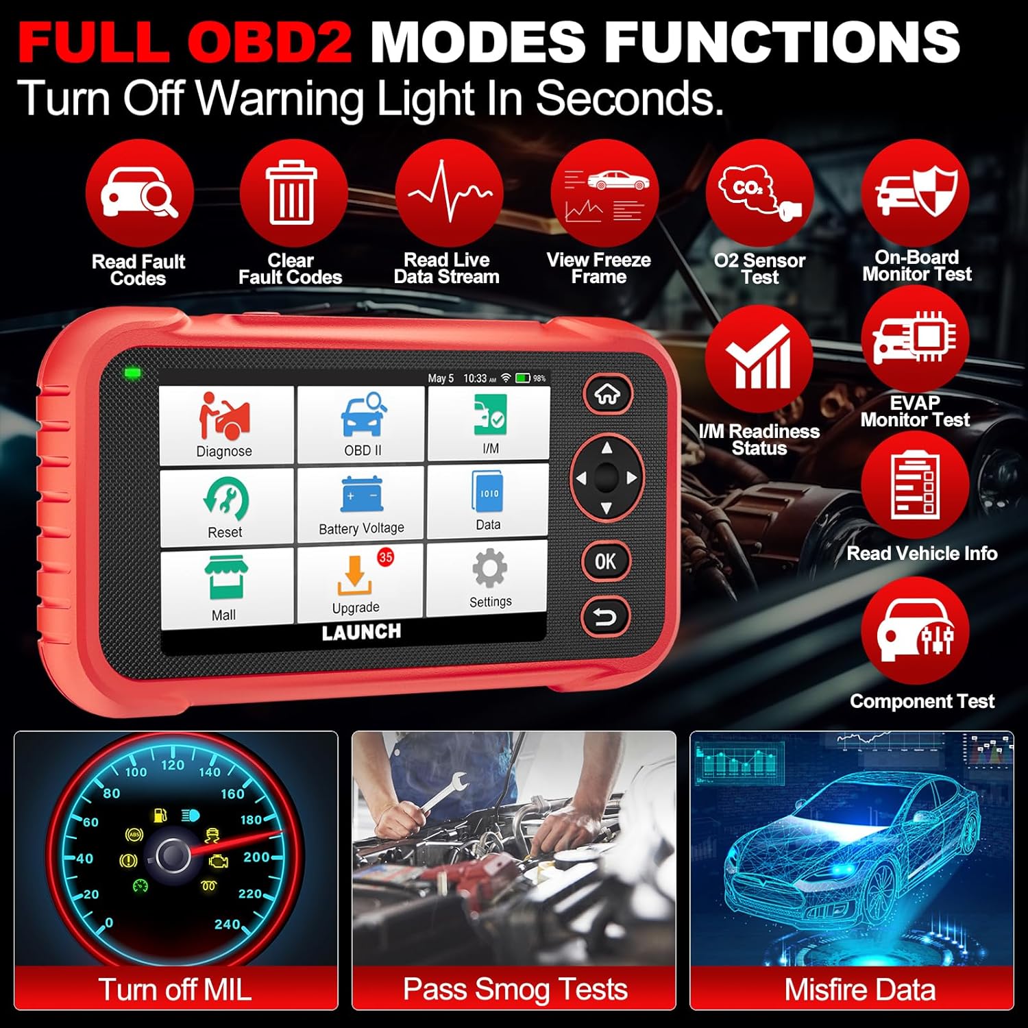 LAUNCH CRP129E Plus screen displaying full OBD2 functions such as Read Fault Codes, Clear Fault Codes, Live Data Stream, I/M Readiness, O2 Sensor Test, EVAP System Test, On-Board Monitor Test, and Vehicle Information.