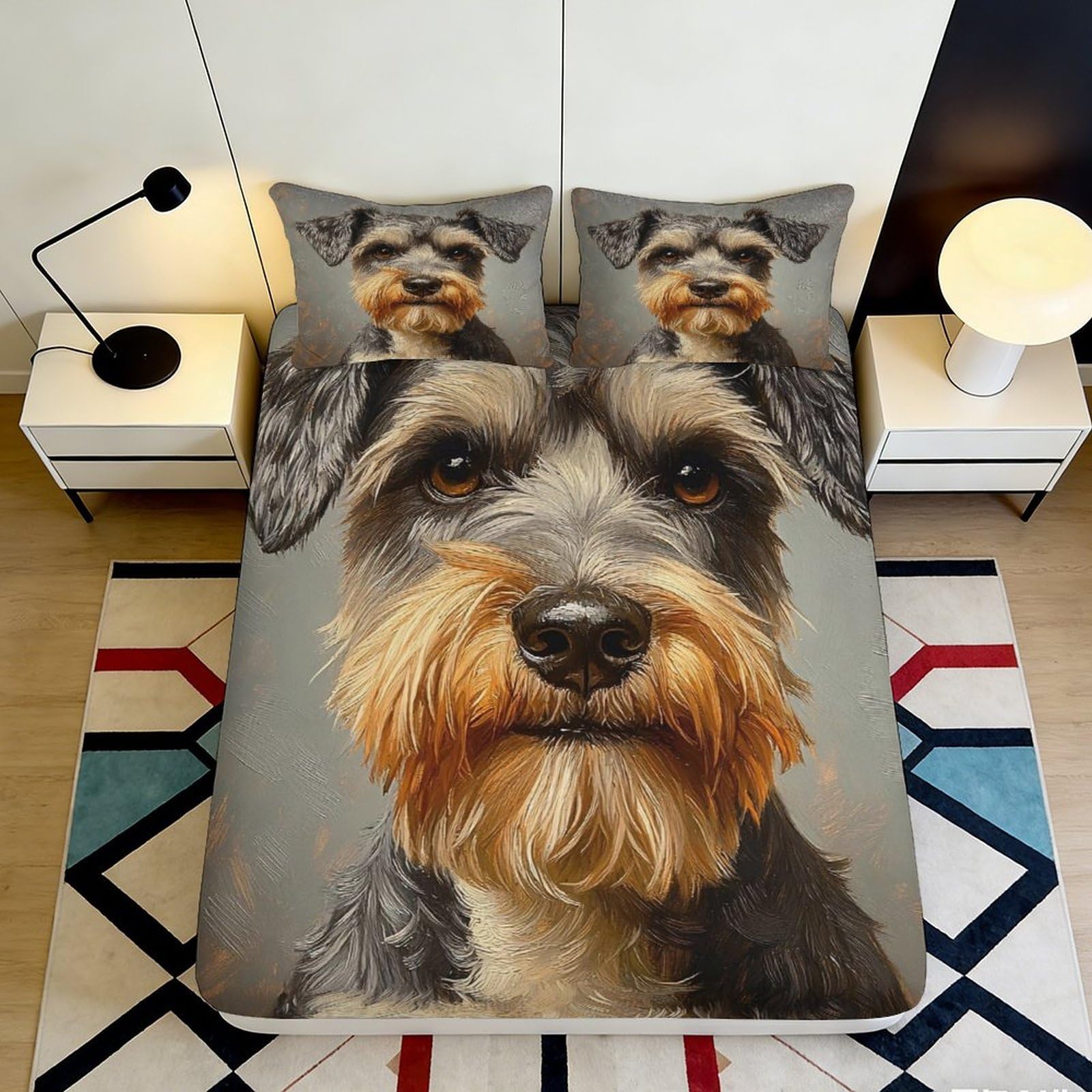 3D Printed Schnauzer Pattern Fitted Sheet Microfiber Deep Pocket Full Wrap Schnauzer Mattress Fitted Cover Non-Slip Washable for Bedroom 90x200x25cm