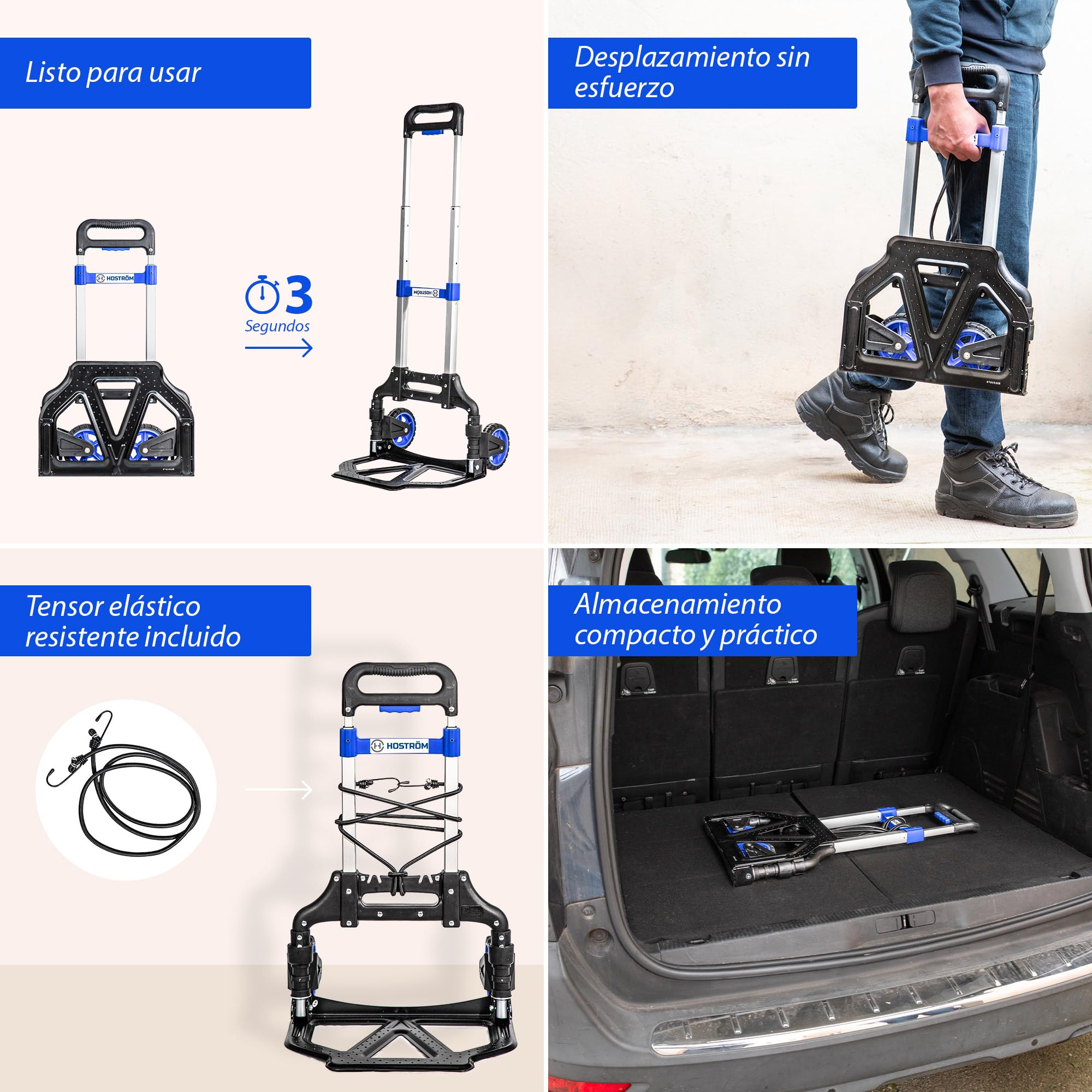 HOSTRÖM Carretilla Plegable de Aluminio de 2 Ruedas para Mover y Transportar Materiales. Compacta y Ligera. Carga máxima: 60 kg. 5 años de garantía.
