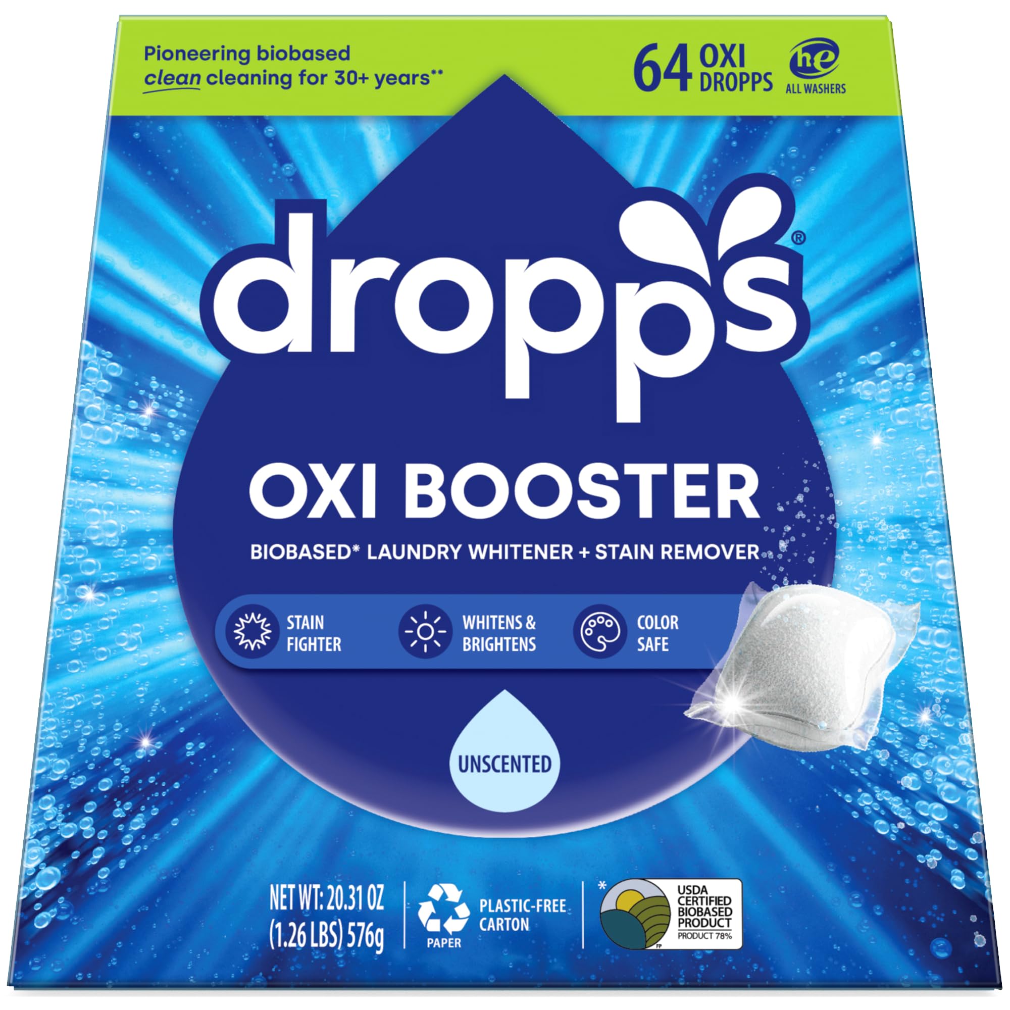 Dropps Oxi Booster Pods, Unscented (64 Pods) - Chlorine-Free Bleach Alternative Biobased Laundry Whitener & Stain Remover for Extra Tough Stains - Fragrance-Free & Hypoallergenic for Sensitive SkinU.S. EPA Safer Choice