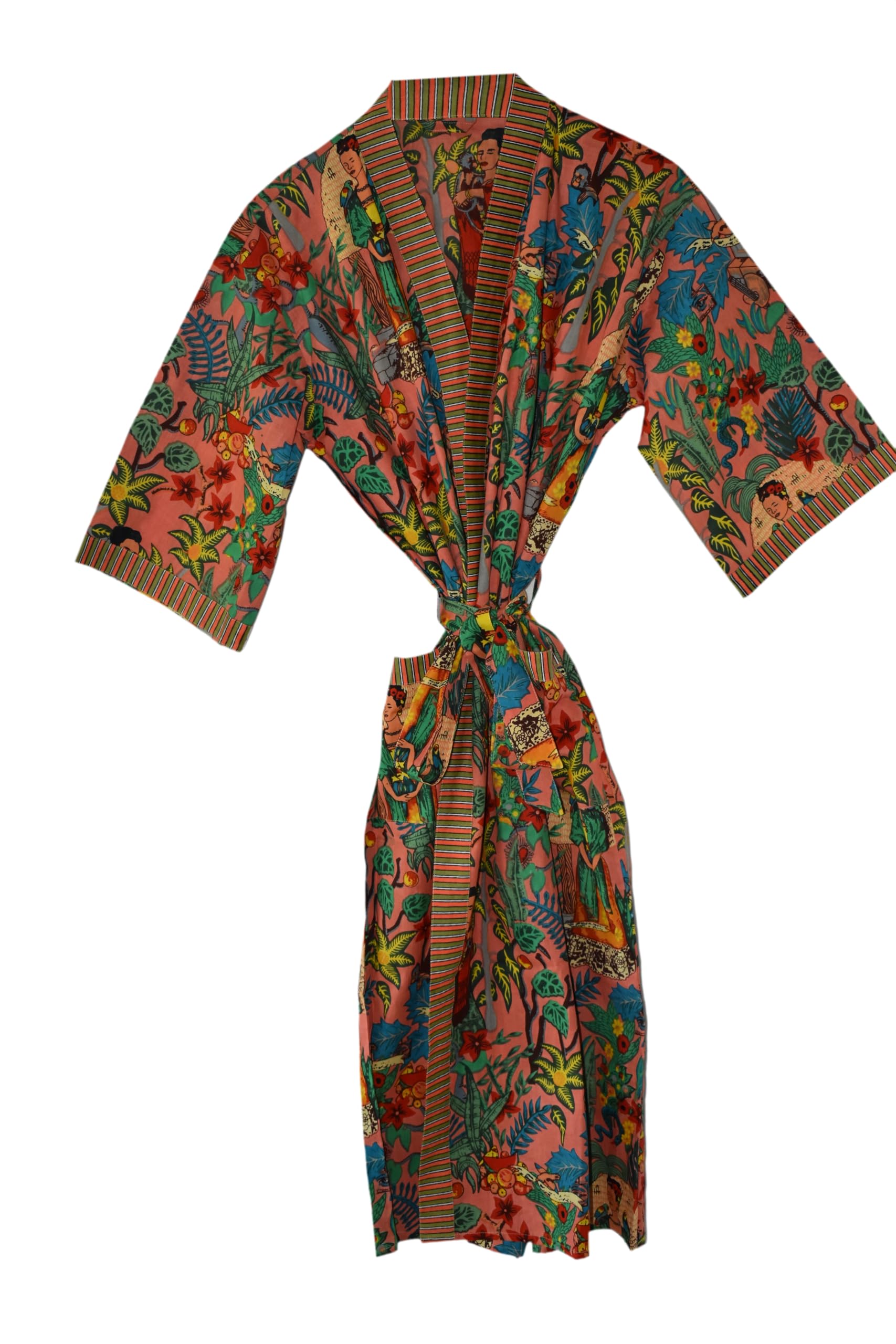 RAJBHOOMI HANDICRAFTS Kimono de algodón estampado de tela para hombres y mujeres, vestido de kimono de playa para cubrir traje de baño bata Cardigan Kimono vestidos, melocotón, XL-XXL